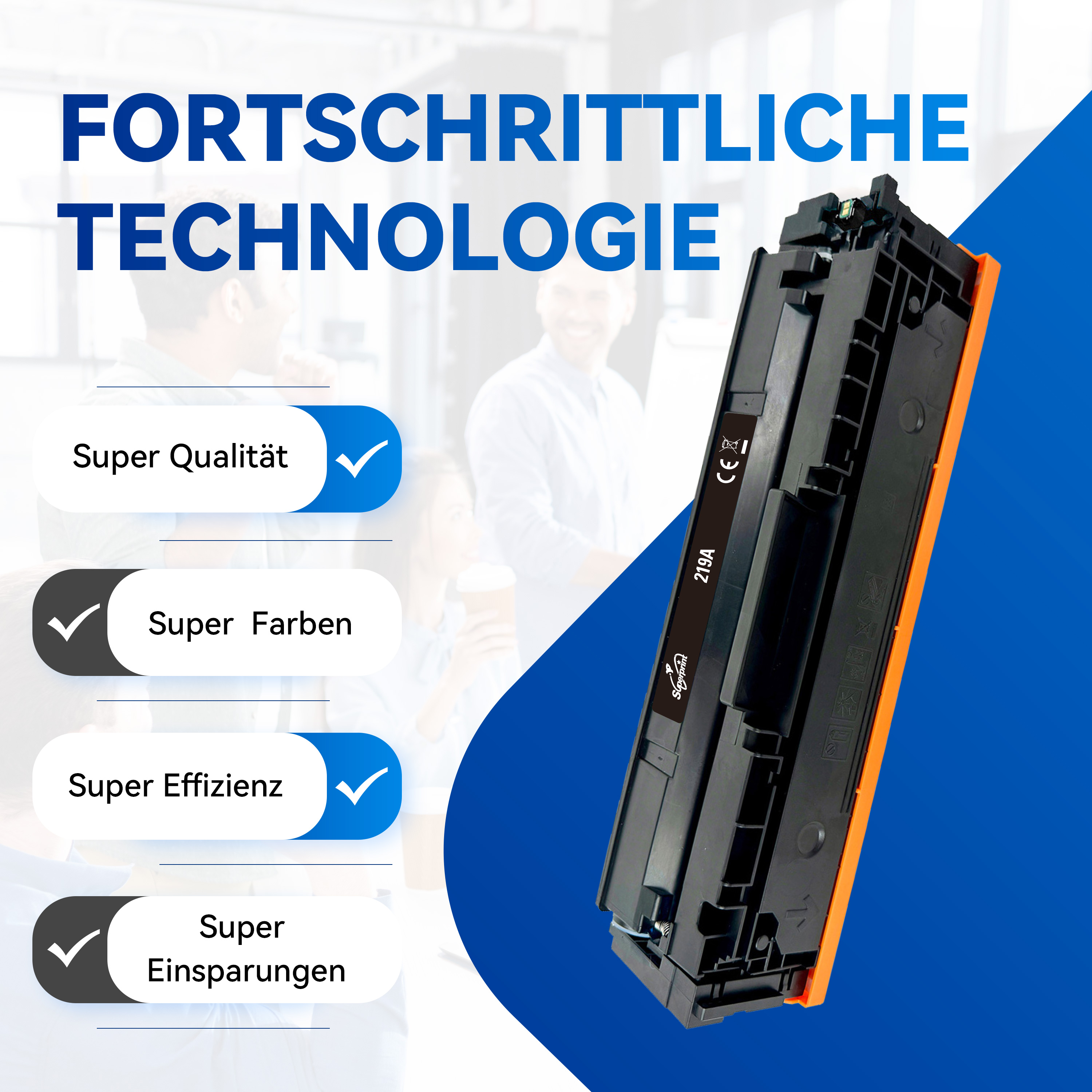 Een zwarte tonercartridge met een oranje basis wordt getoond tegen een blauwe achtergrond.