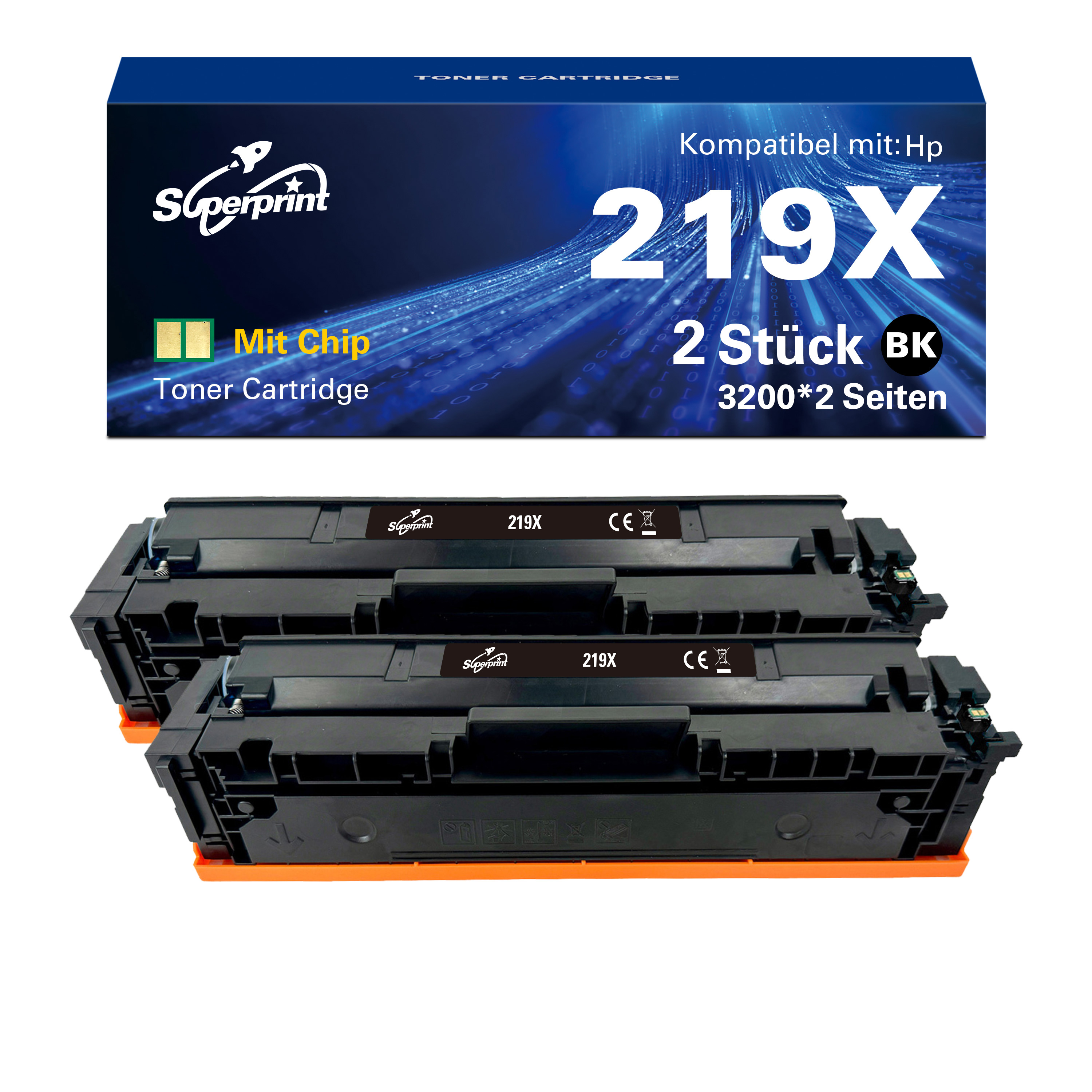 Drie zwarte tonercartridges en een blauwe doos met het label Superprint zijn gestapeld.