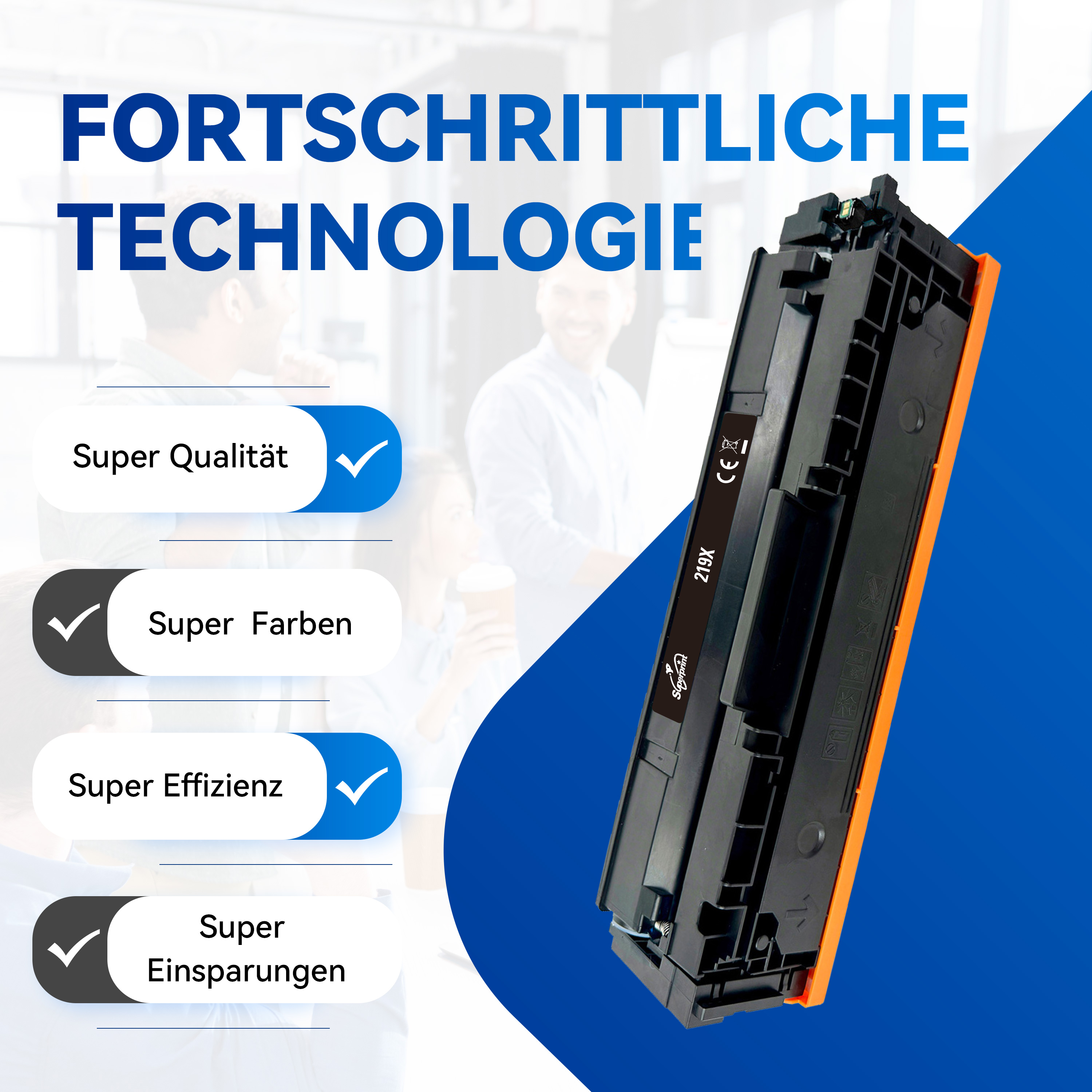 Zwarte en oranje printercartridge met tekst. Achtergrond heeft mensen en blauwe gradiënt.
