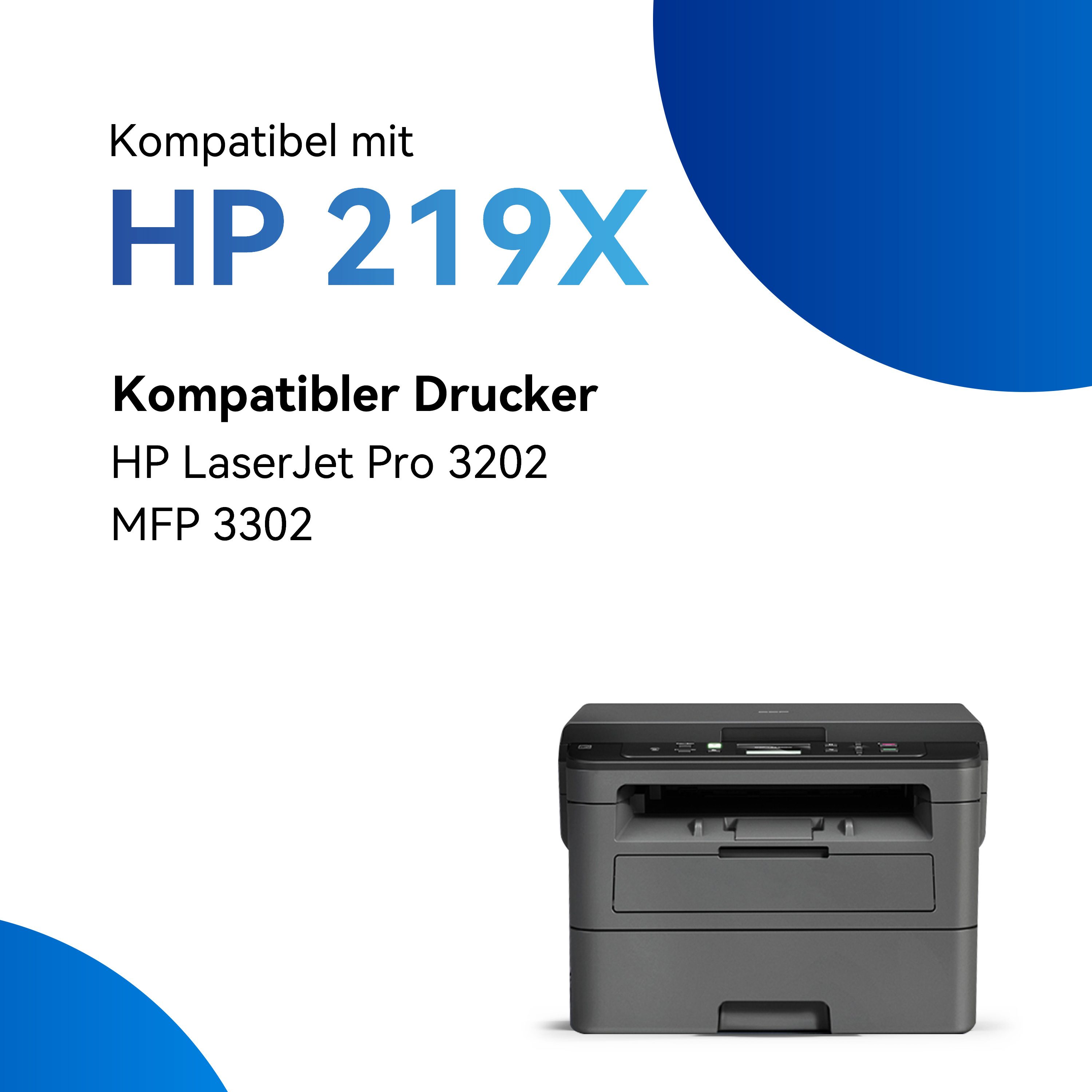 Een zwarte en grijze printer staat op een wit oppervlak. Blauwe en witte tekst bovenaan.