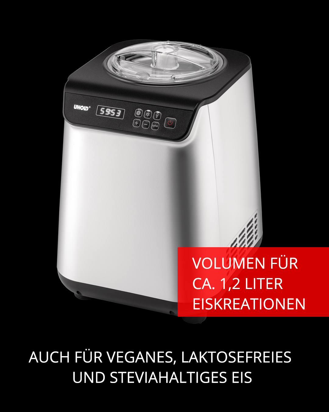 Eine Eismaschine mit schwarzem Oberteil und silbernem Gehäuse. Textbeschriftungen auf schwarzem Hintergrund.