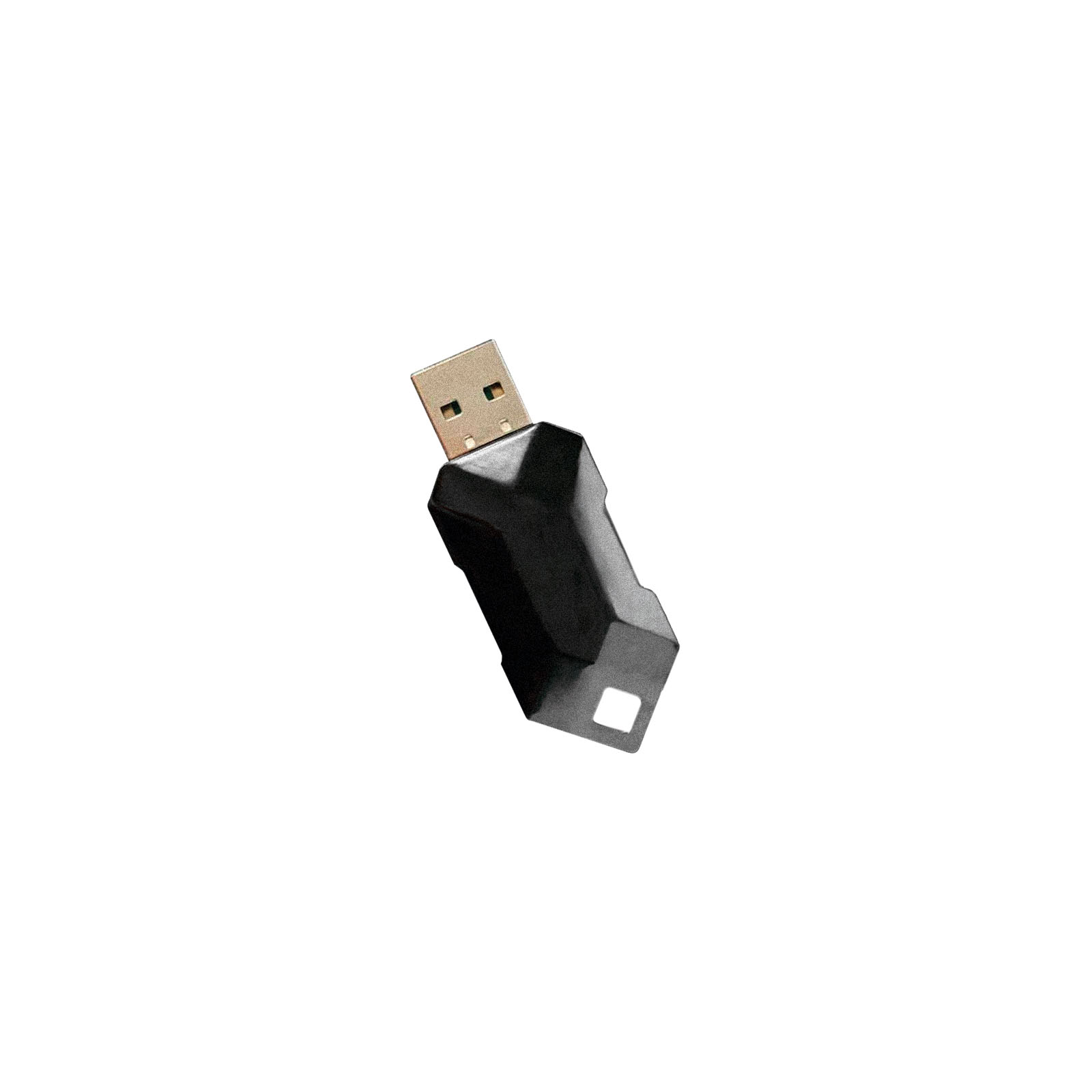 Czarny odbiornik USB z prostokątnym otworem na białym tle.