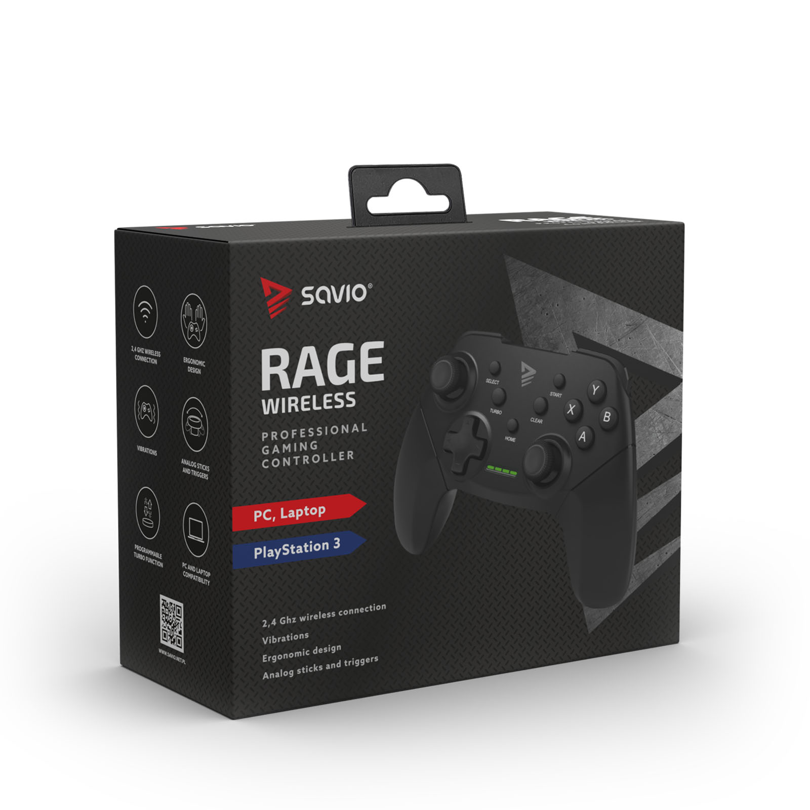 Pudełko kontrolera Savio Rage Wireless Pro Gaming. Cechy: bezprzewodowy 2,4 GHz, wibracje, ergonomiczna konstrukcja.