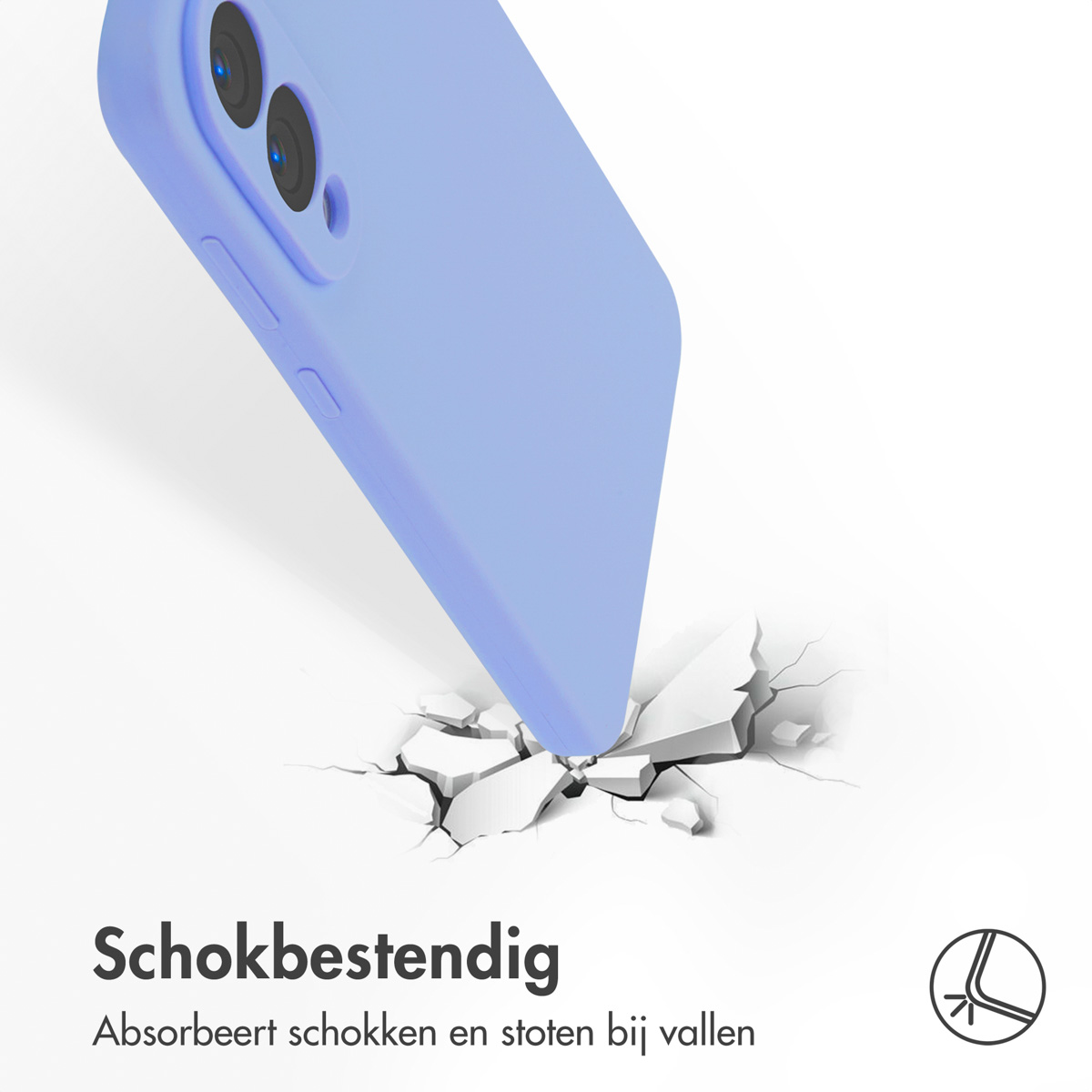 Een lichtpaarse telefoonhoes raakt een wit oppervlak, waardoor het barst. De achtergrond is effen wit.