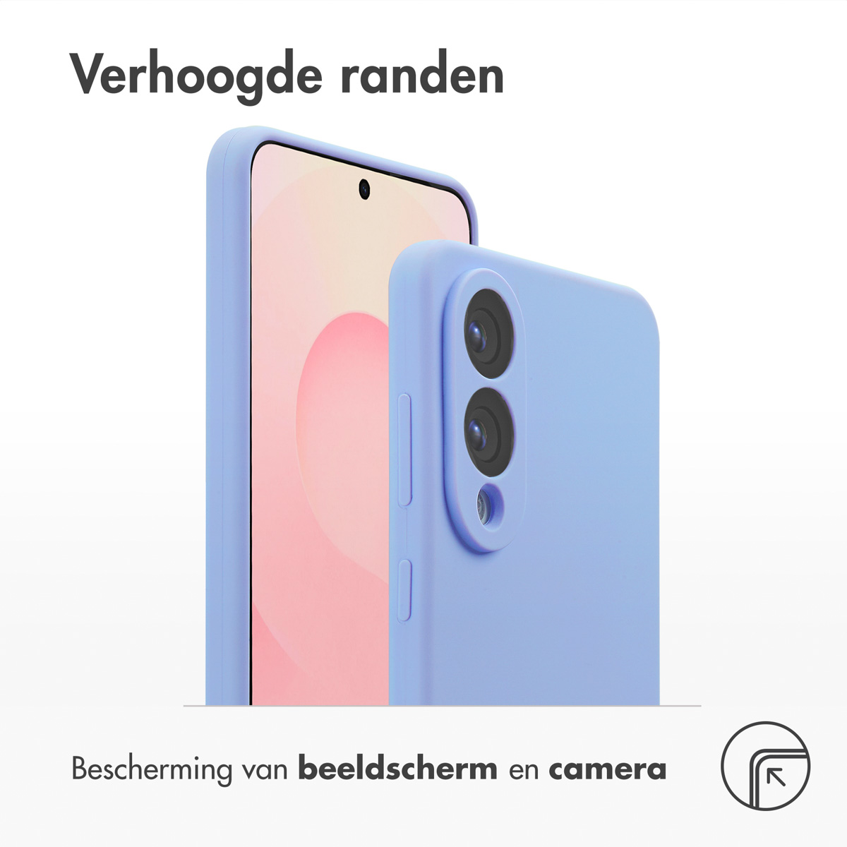 Een lichtpaarse telefoonhoes met verhoogde randen beschermt het scherm en de camera. De achtergrond is licht.