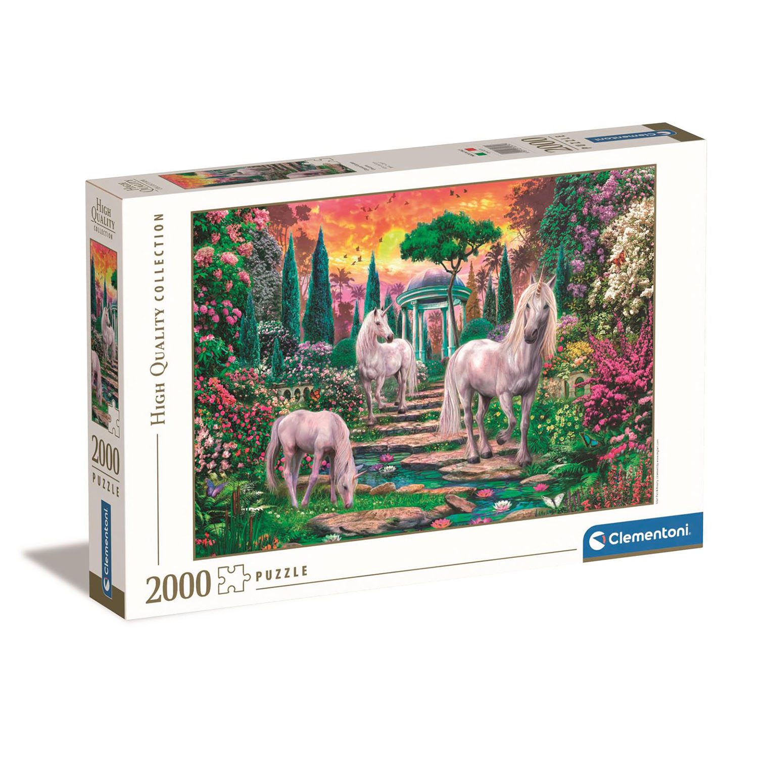 Une boîte de puzzle de 2000 pièces représente des licornes dans un jardin avec un kiosque sous un ciel de coucher de soleil.