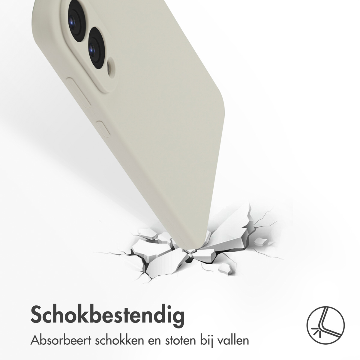 Een lichtgrijze telefoonhoes raakt een wit oppervlak, waardoor het barst. De achtergrond is effen wit.