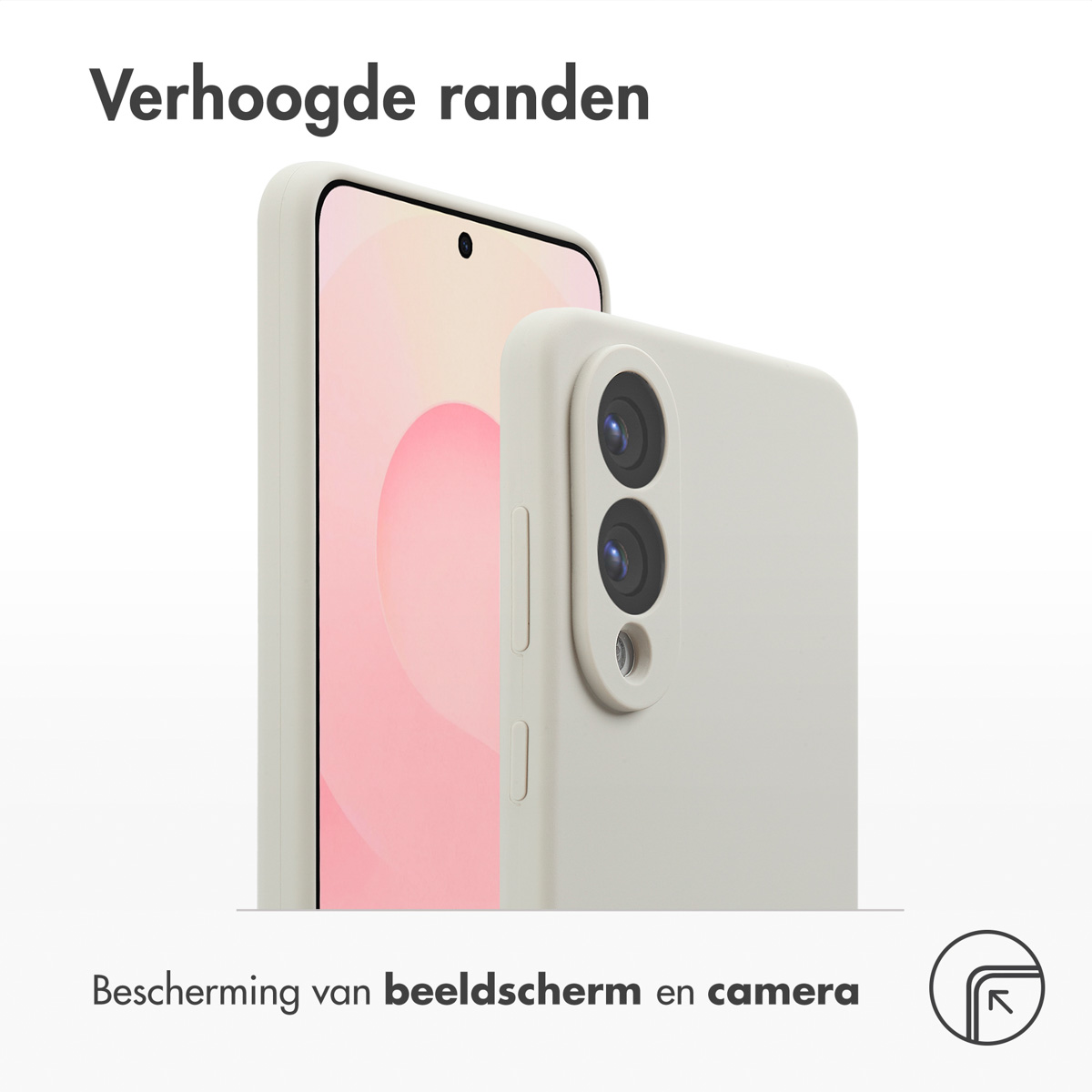 Een witte telefoonhoes met verhoogde randen beschermt het scherm en de camera. De achtergrond is licht.