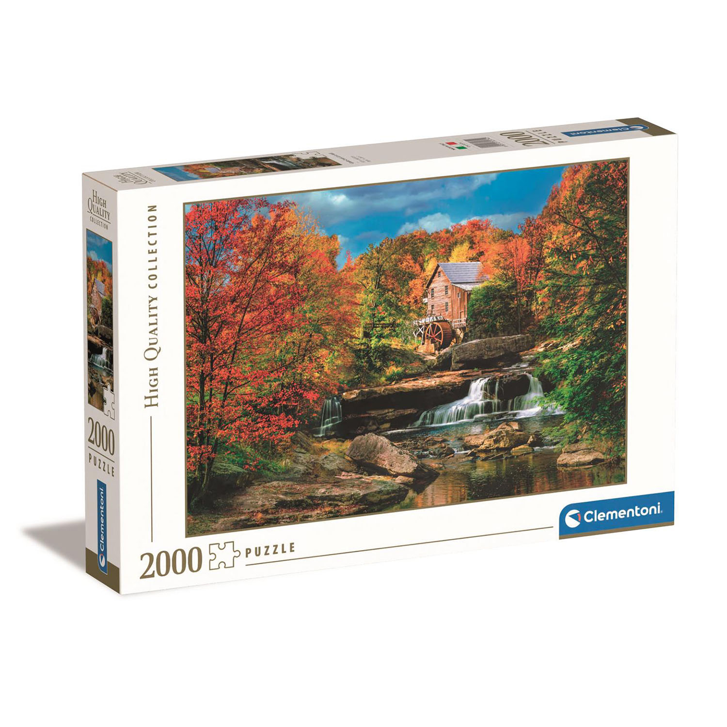 Een puzzeldoos van 2000 stukjes toont een molen naast een waterval, omringd door kleurrijke herfstbomen.