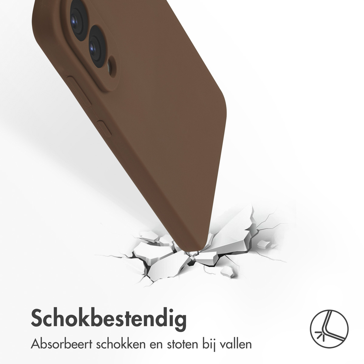 Une coque de téléphone marron sur une surface blanche. La coque tombe et la surface se fissure. Le texte dit antichoc.