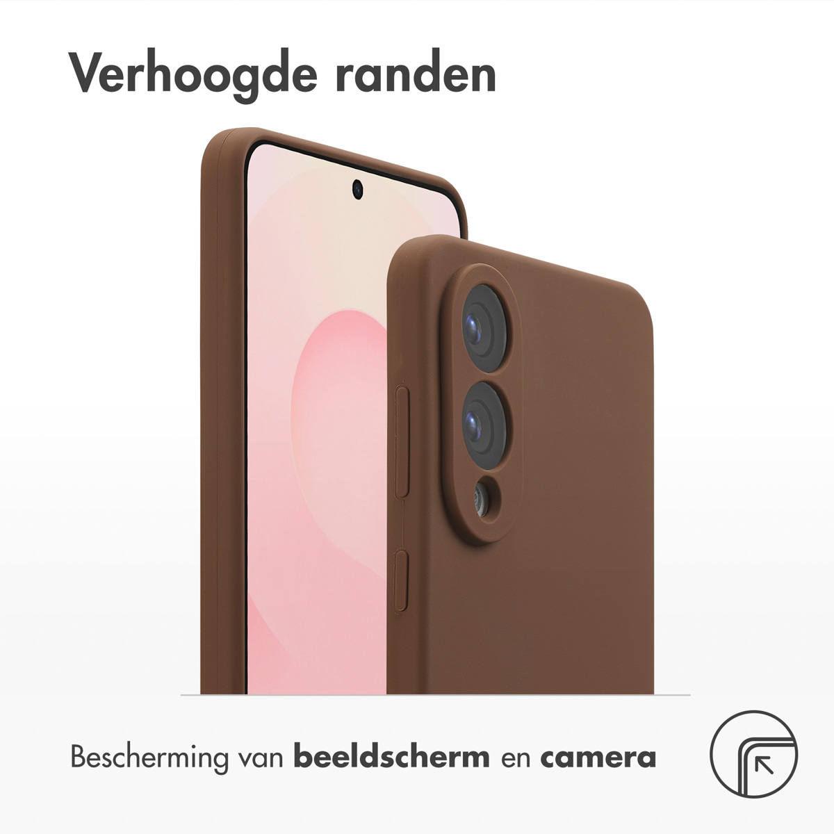 Une coque de téléphone marron avec des bords surélevés protège l'écran et la caméra. L'arrière-plan est clair.