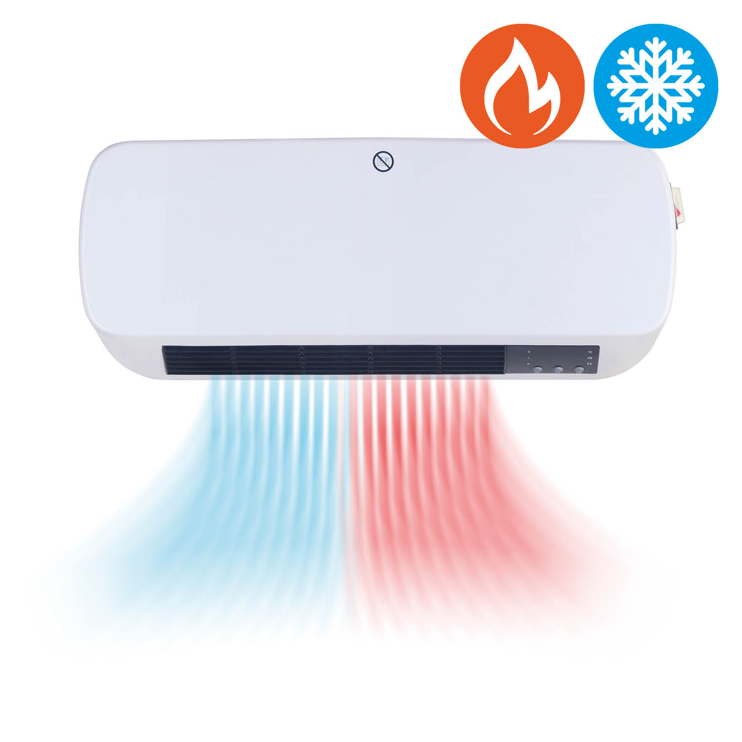 Een witte wandverwarming met zowel verwarmings- als koelsymbolen op een witte achtergrond.