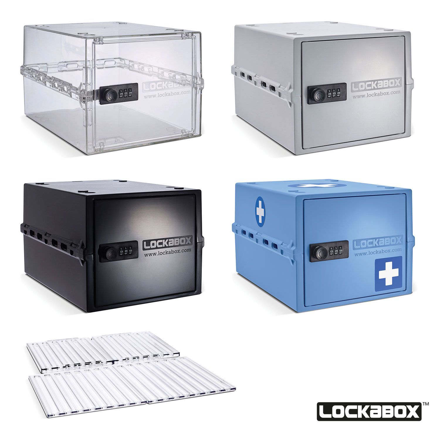 Vier Lockbox-Container. Klar, grau, schwarz und blau mit einem Erste-Hilfe-Symbol. Jeder hat ein Zahlenschloss.