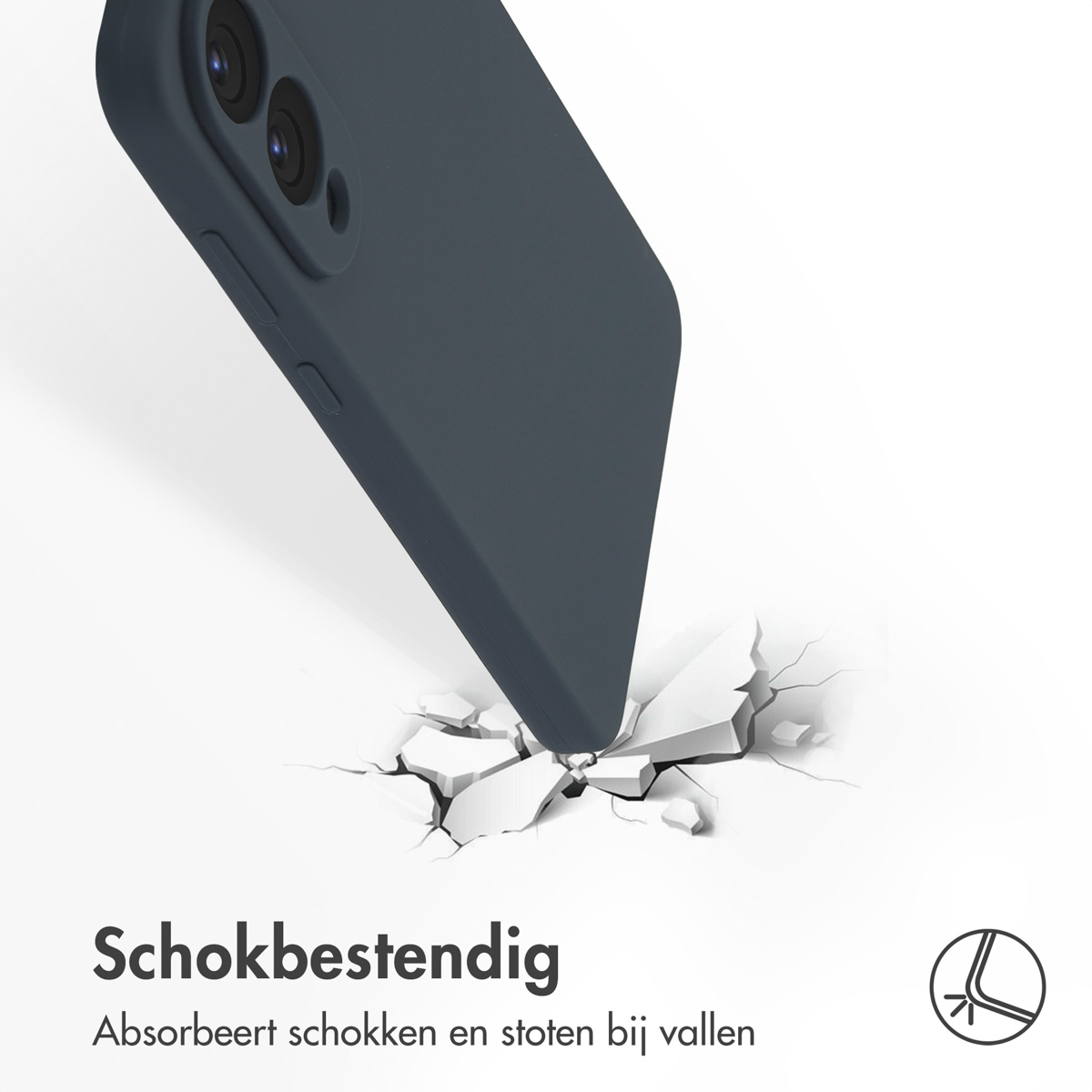 Een donkerblauwe telefoonhoes raakt een wit oppervlak, waardoor het barst. De achtergrond is effen wit.