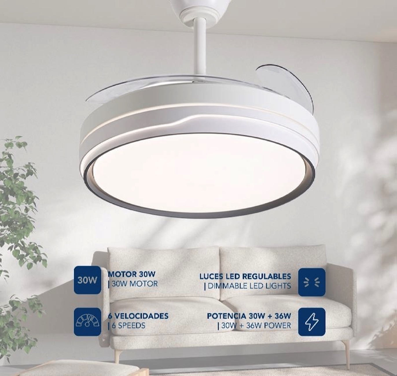Un ventilador de techo blanco con luz central, sobre un sofá con iconos informativos y texto superpuesto.