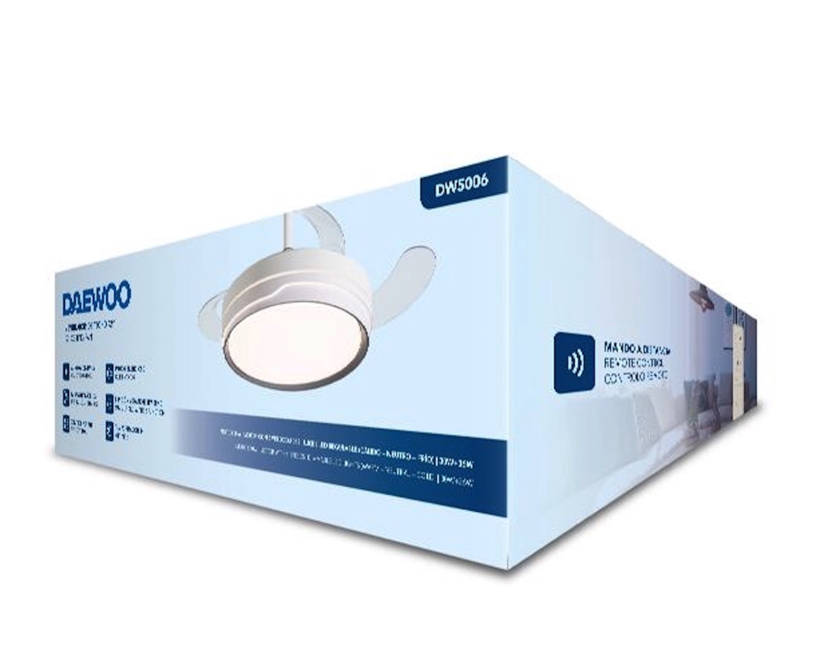 Caja del ventilador de techo Daewoo, blanco y azul, mostrando el diseño.