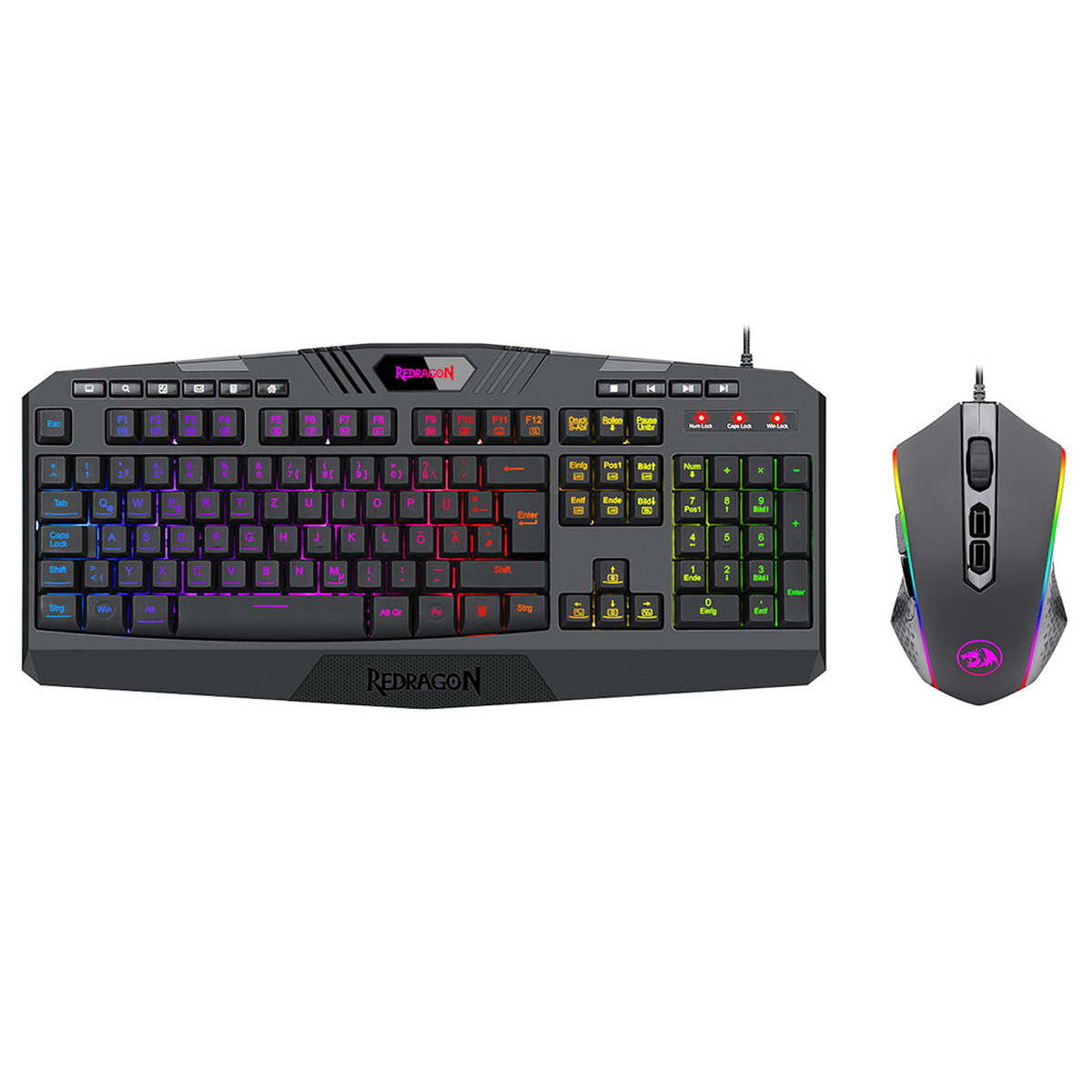 Czarny zestaw klawiatura i mysz. Klawiatura z podświetlanymi klawiszami, mysz z RGB.