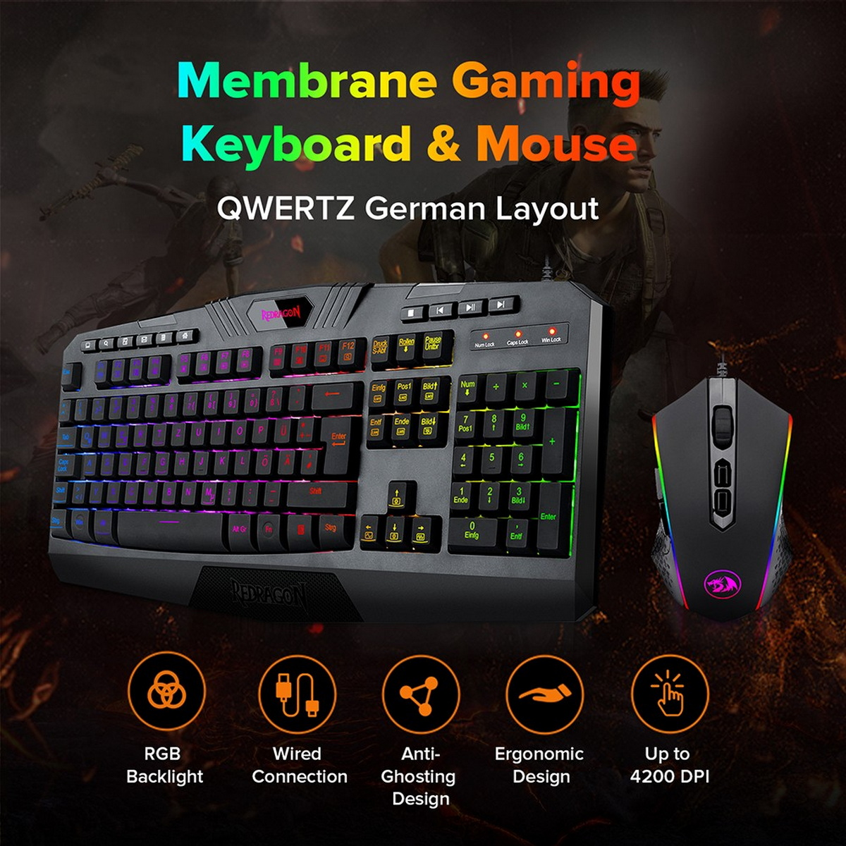 Zestaw klawiatura i mysz dla graczy z podświetleniem RGB, połączeniem przewodowym, funkcją anti-ghosting i ergonomiczną konstrukcją.