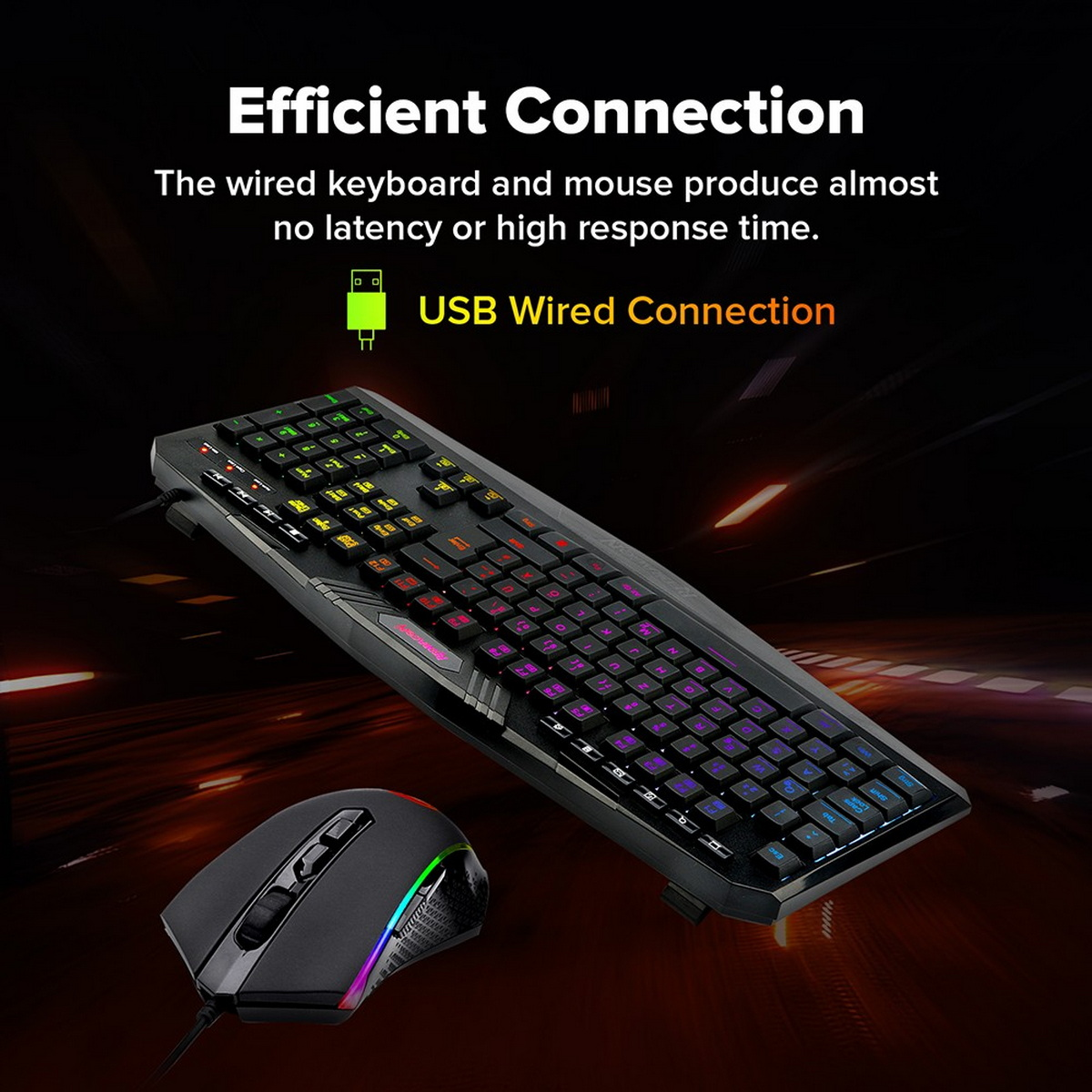 Zestaw klawiatura i mysz dla graczy z połączeniem USB, podkreślający wydajne połączenie i czas reakcji.
