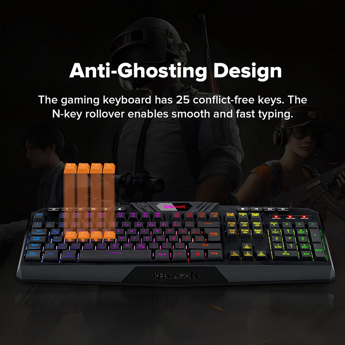 Klawiatura dla graczy z żywymi klawiszami, z funkcją anti-ghosting, na tle z graczami.