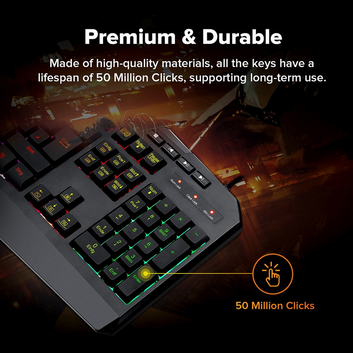 Zbliżenie klawiatury z tekstem pokazującym 50 milionów kliknięć.