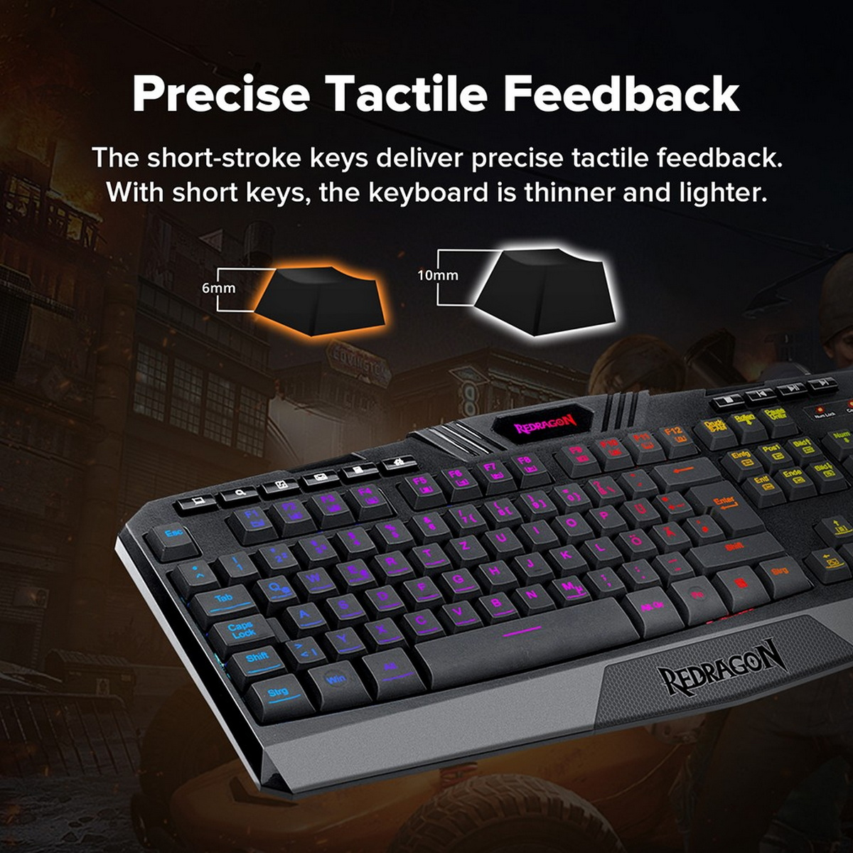 Zbliżenie klawiatury z podświetlanymi klawiszami. Tekst: 'Precyzyjne wyczuwanie dotyku'.