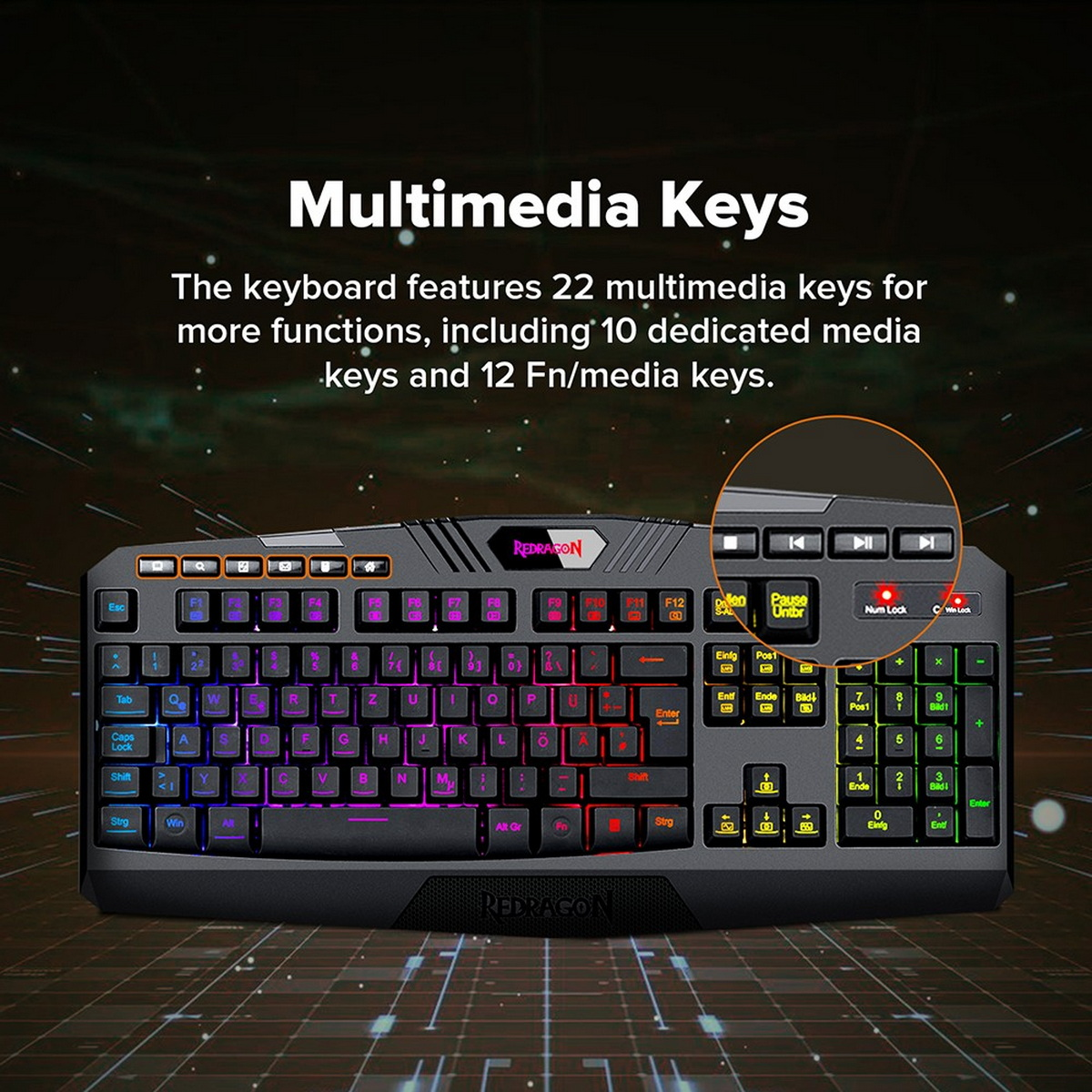 Czarna klawiatura z klawiszami multimedialnymi i podświetleniem RGB, funkcje.