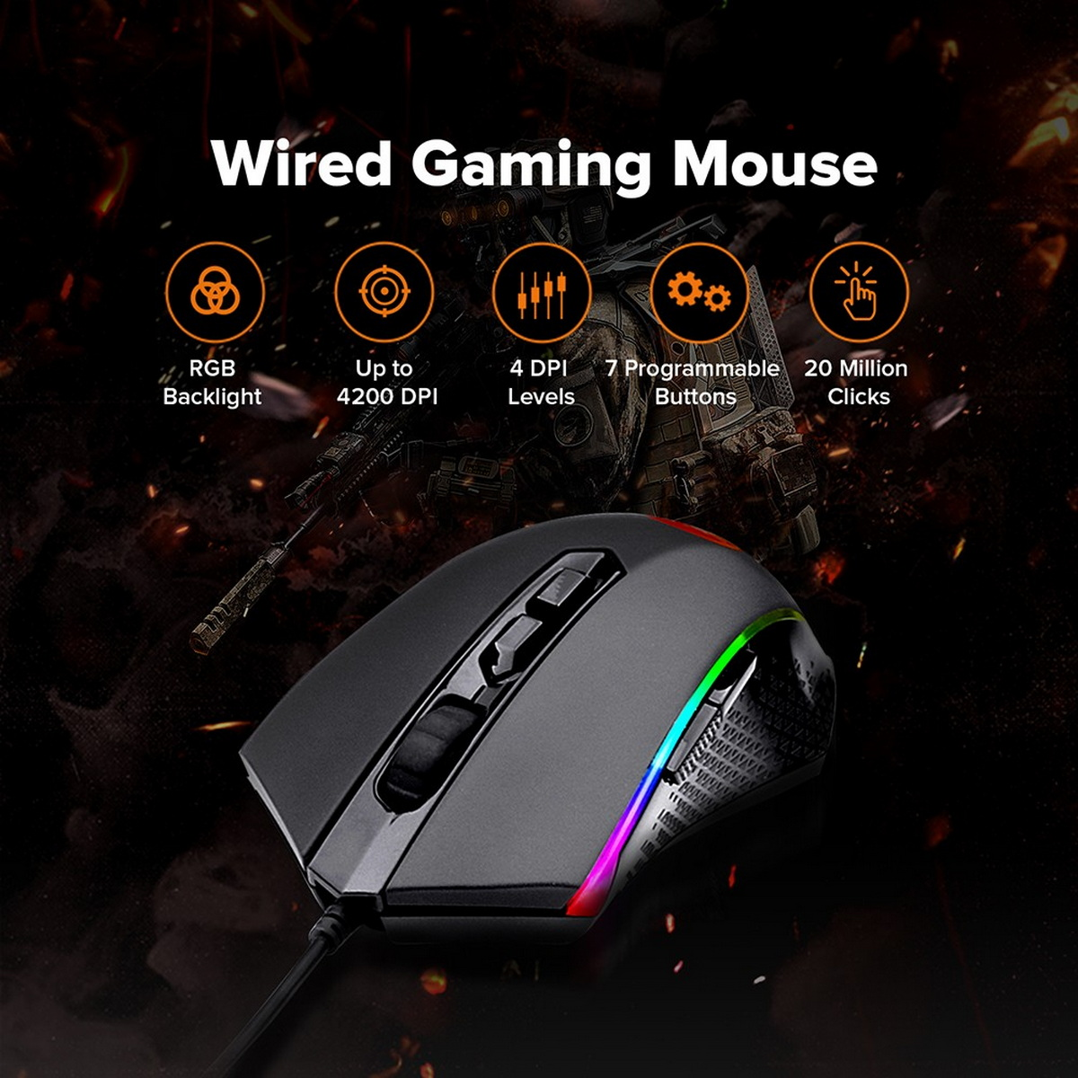 Czarna mysz gamingowa z podświetleniem RGB i tekstem o funkcjach: RGB, DPI, Przyciski, Kliknięcia.