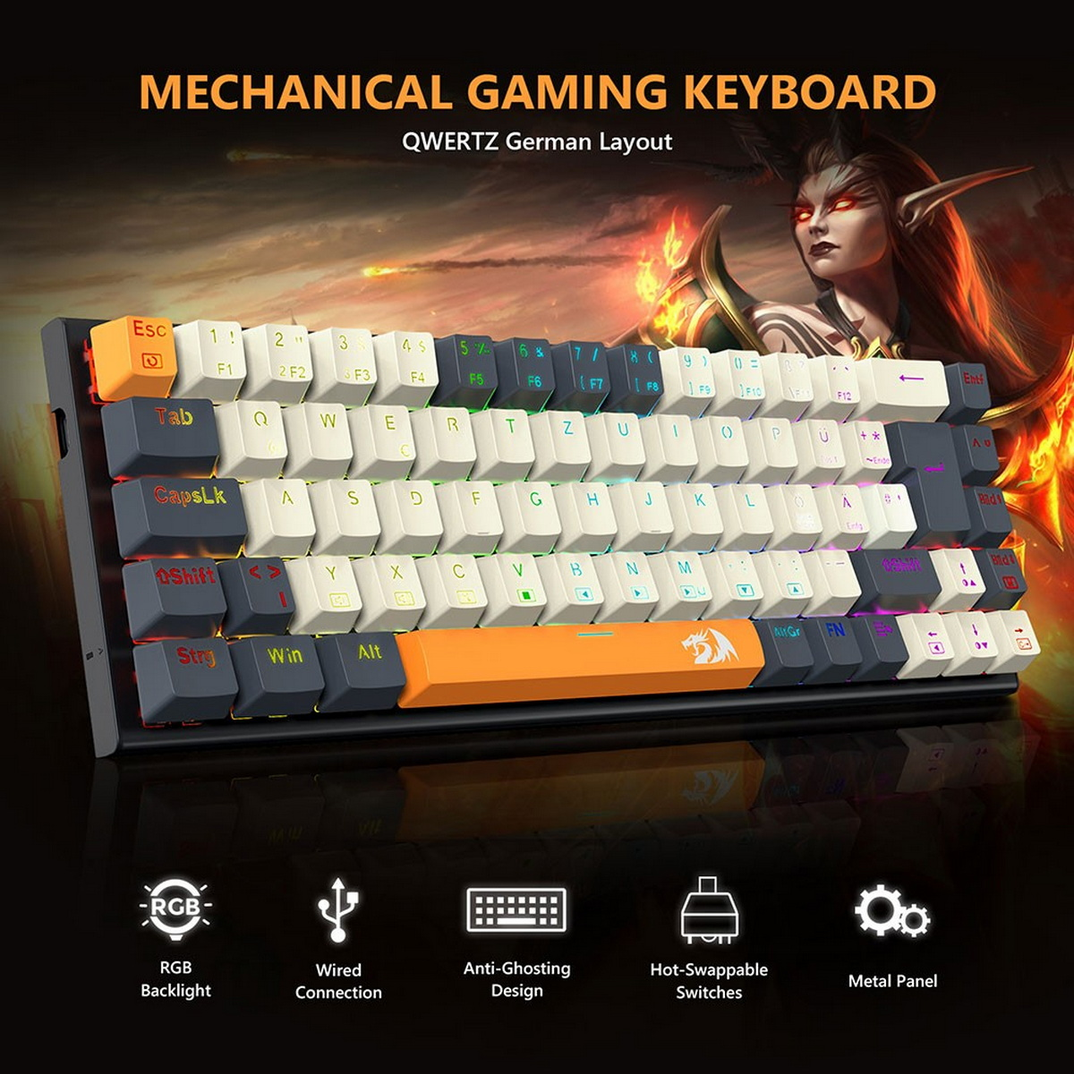 Tastiera meccanica gaming con tasti bianchi, grigi e arancioni, con immagine di sfondo.