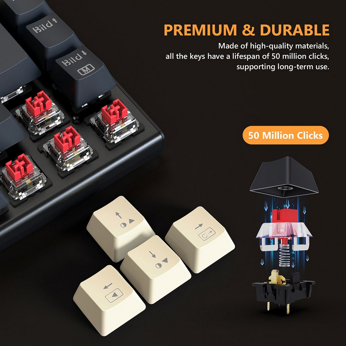 Primo piano dei keycap con interruttori rossi. Testo: '50 milioni di clic' e componenti.