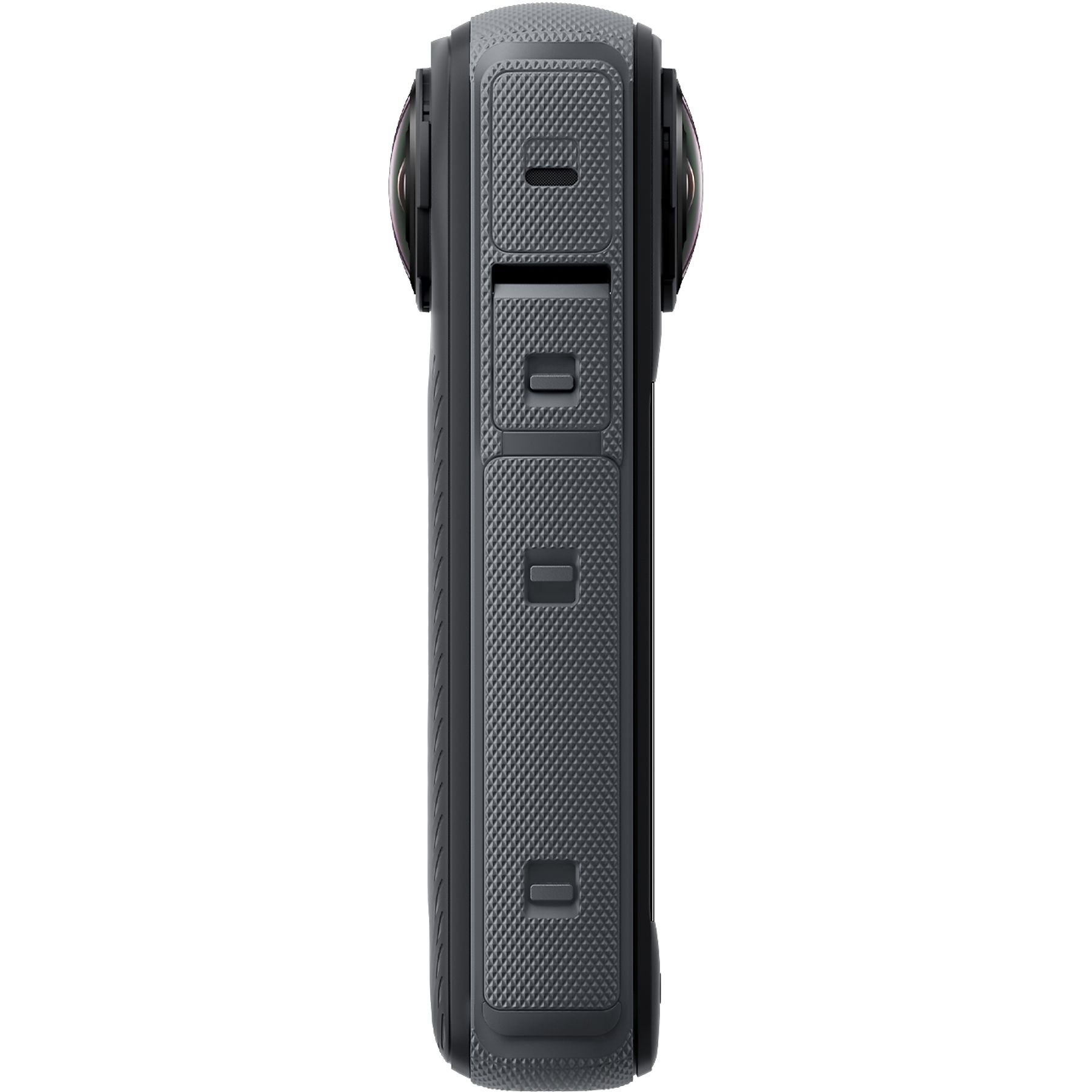 Widok z boku czarnej kamery Insta360 X4. Bok ma teksturowane panele i przyciski.