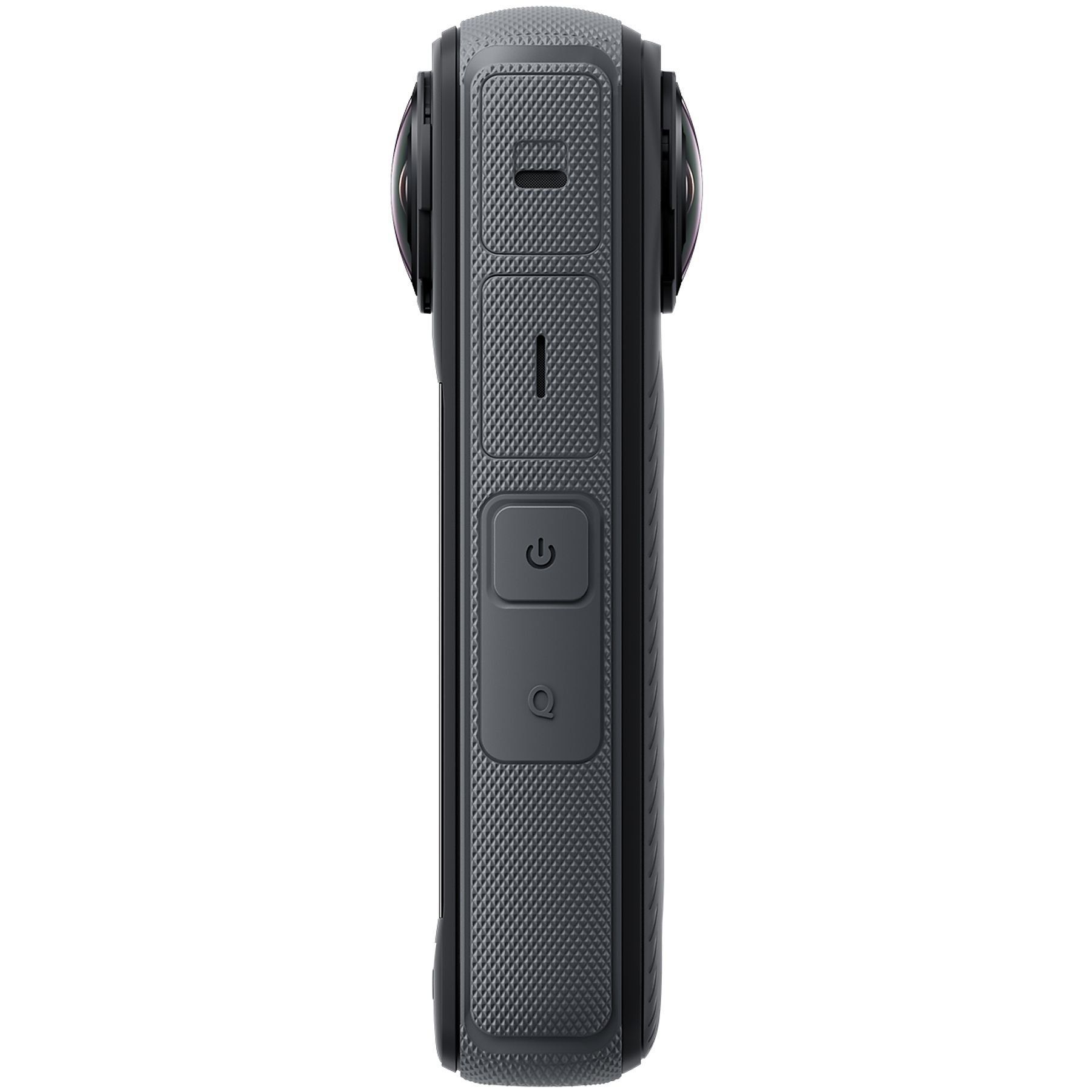 Kolejny widok z boku czarnej kamery Insta360 X4, pokazujący przyciski i teksturowane panele.