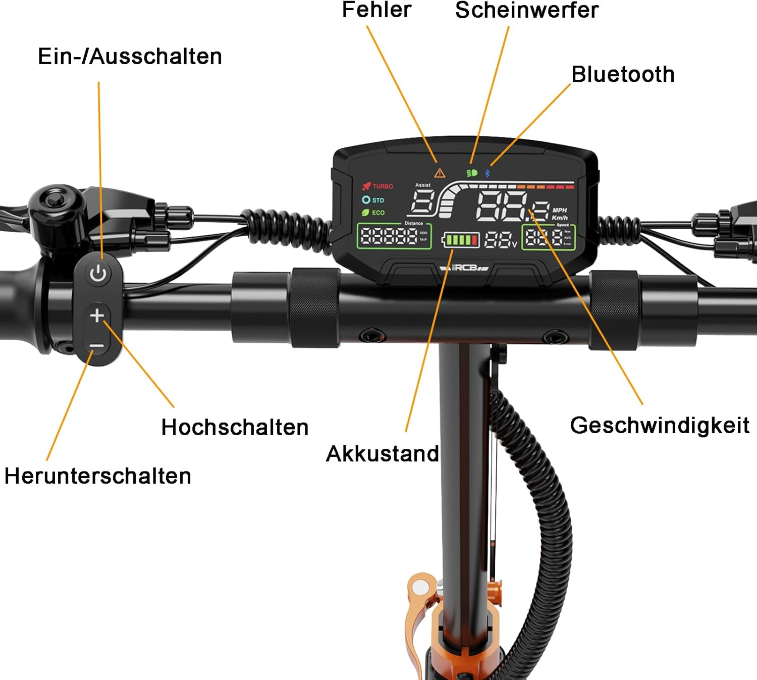 Armaturenbrett eines Elektrorollers mit Knöpfen und Anzeige für Geschwindigkeit und Akkustand.