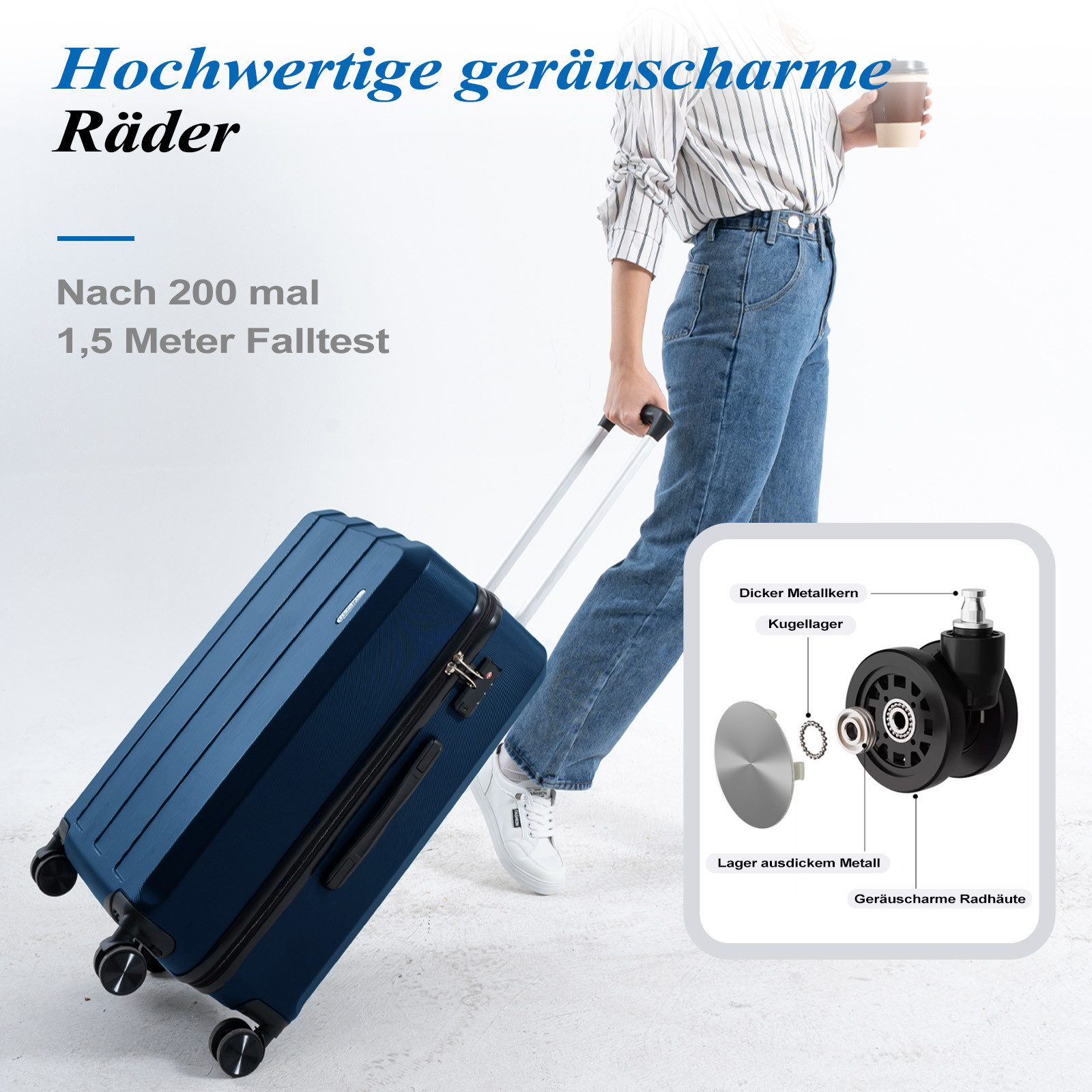 Eine Frau zieht einen blauen Koffer. Es gibt eine Darstellung der Radkomponenten.