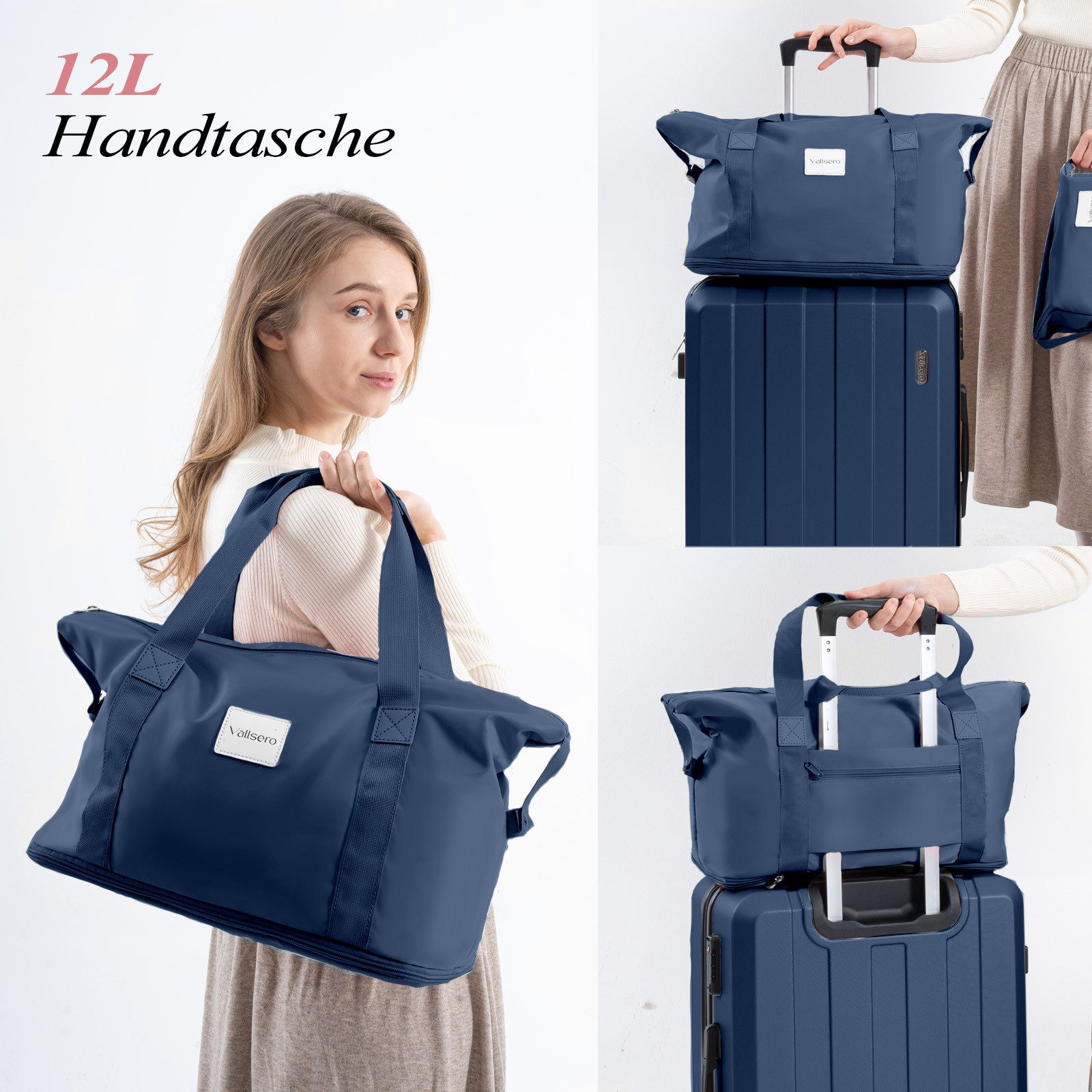 Frau mit blauer Tasche und Koffern. Eine Reihe von Taschen wird angezeigt. Die Tasche hat den Markennamen.