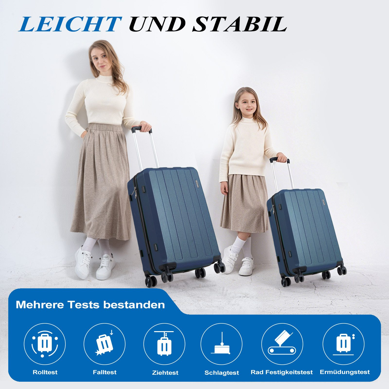 Eine Frau und ein Mädchen mit grauen Koffern. Am unteren Rand des Bildes befinden sich Testsymbole.