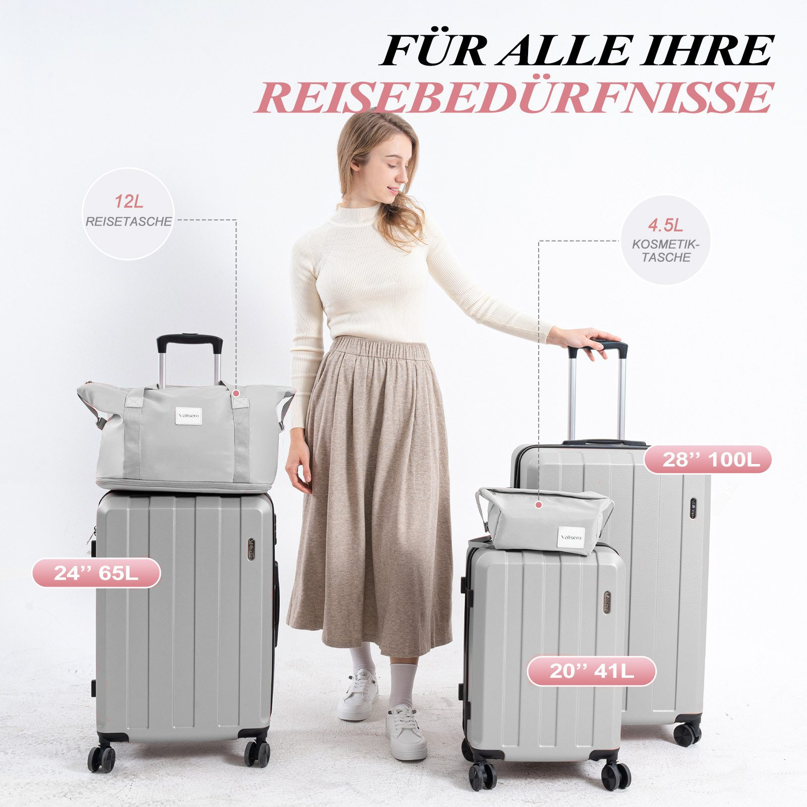 Frau mit Gepäckset, darunter eine Reisetasche und drei Koffer in verschiedenen Größen, alle in Grau. Text auf Deutsch beschreibt sie.