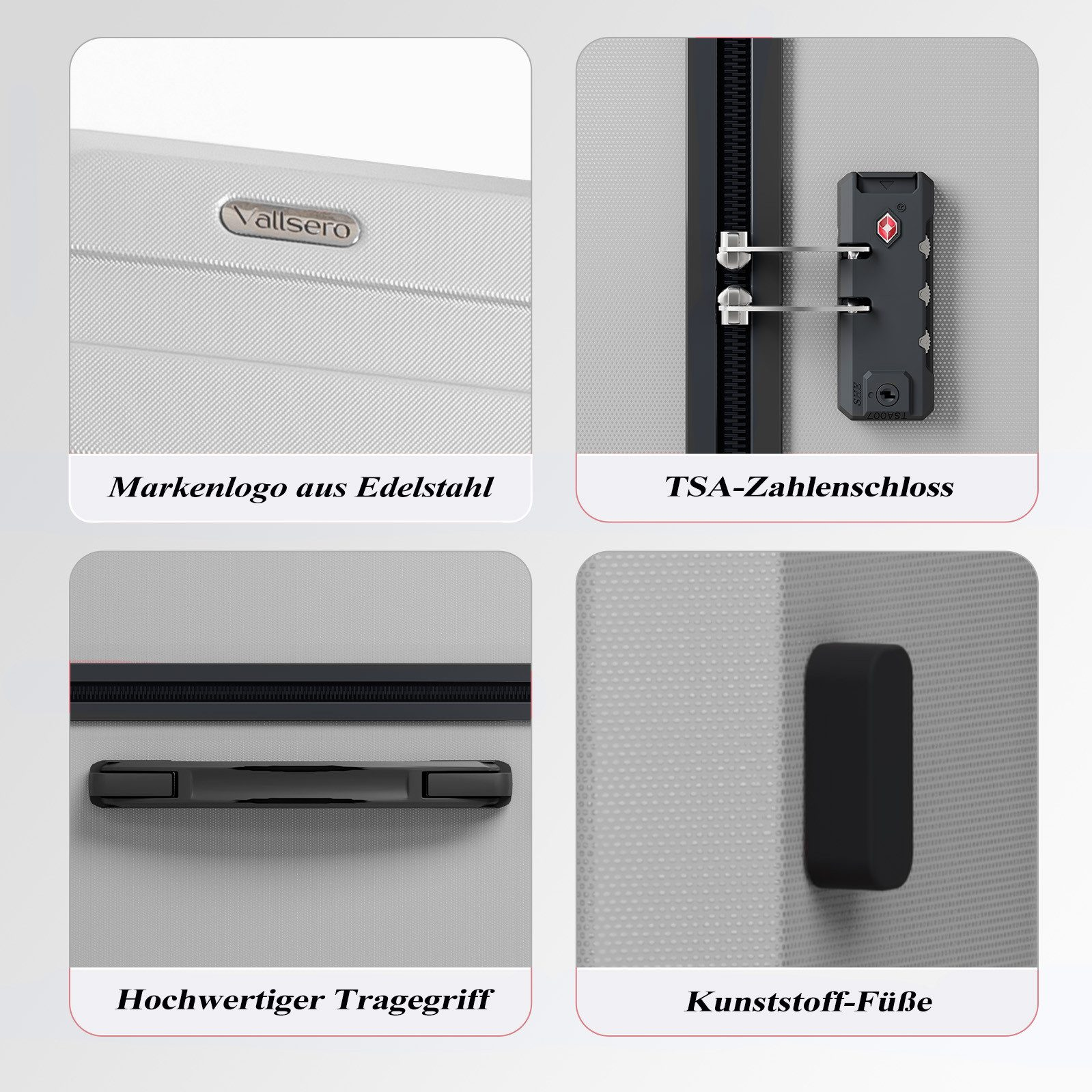 Nahaufnahmen eines grauen Koffers mit Details: Logo, Schloss, Griff und Füße.