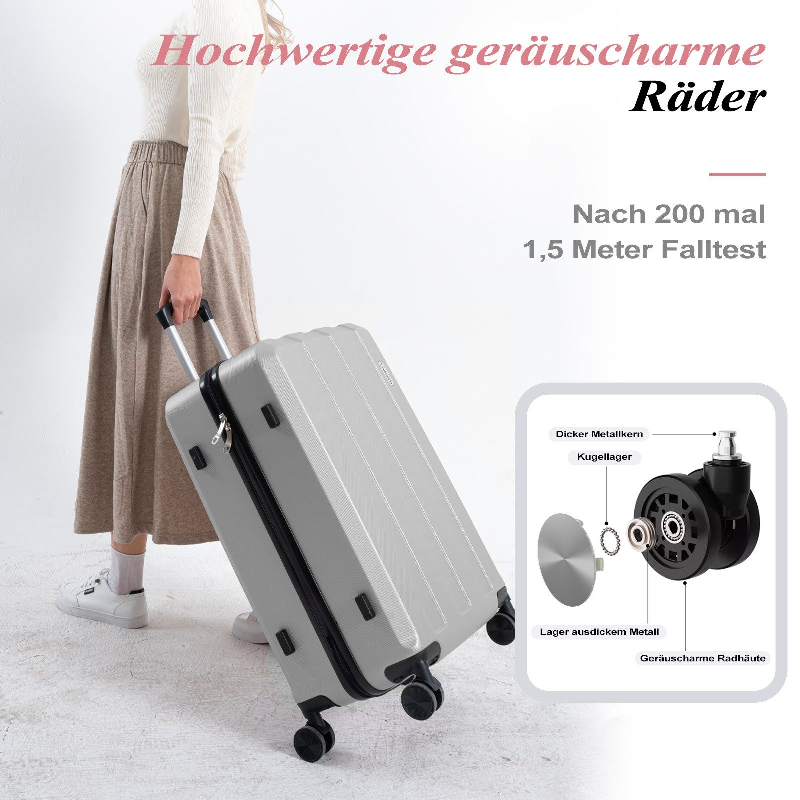 Eine Frau zieht einen grauen Koffer. Es gibt eine Darstellung der Radkomponenten.