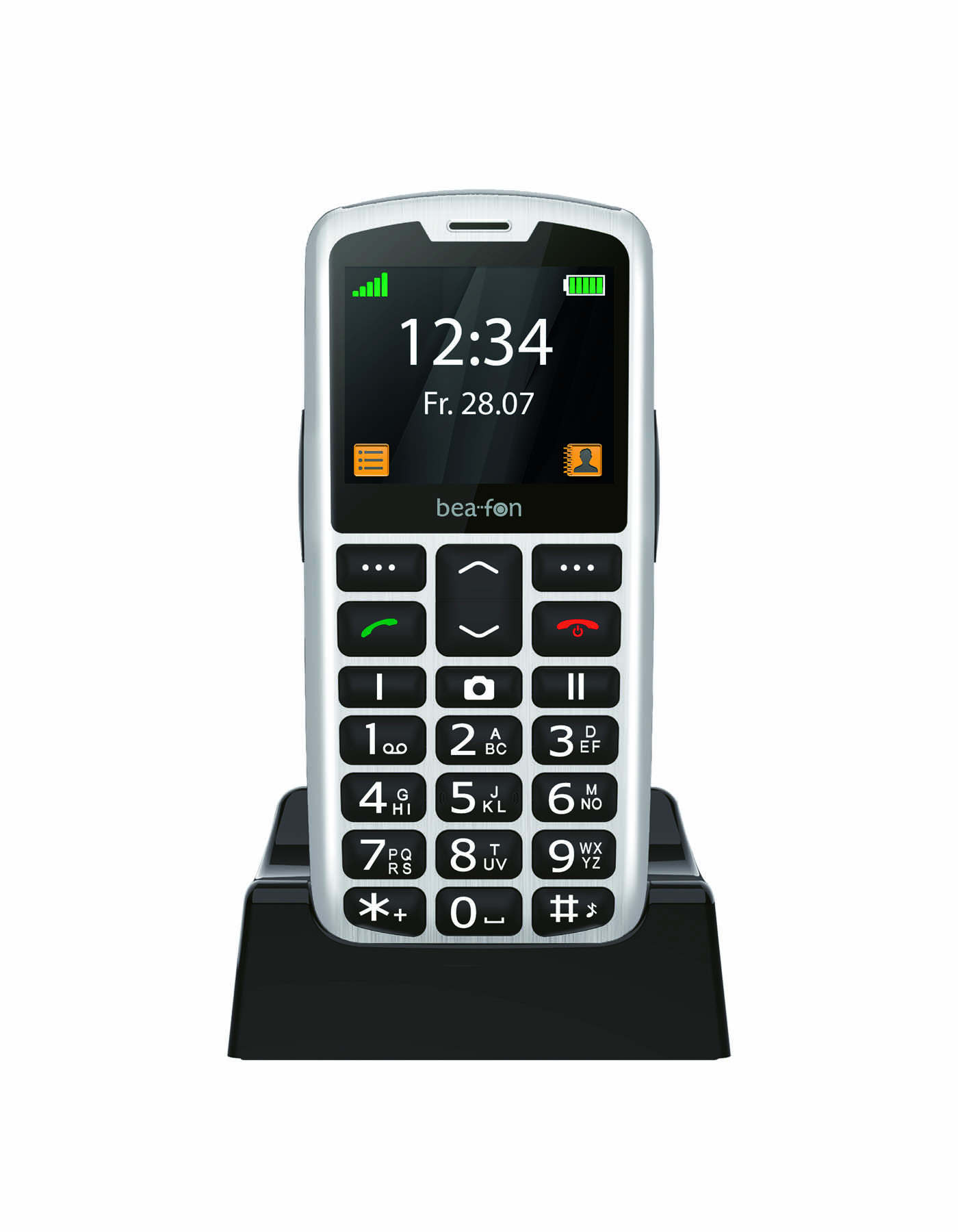 Un téléphone mobile beafon argenté sur une station de charge noire, fond blanc.