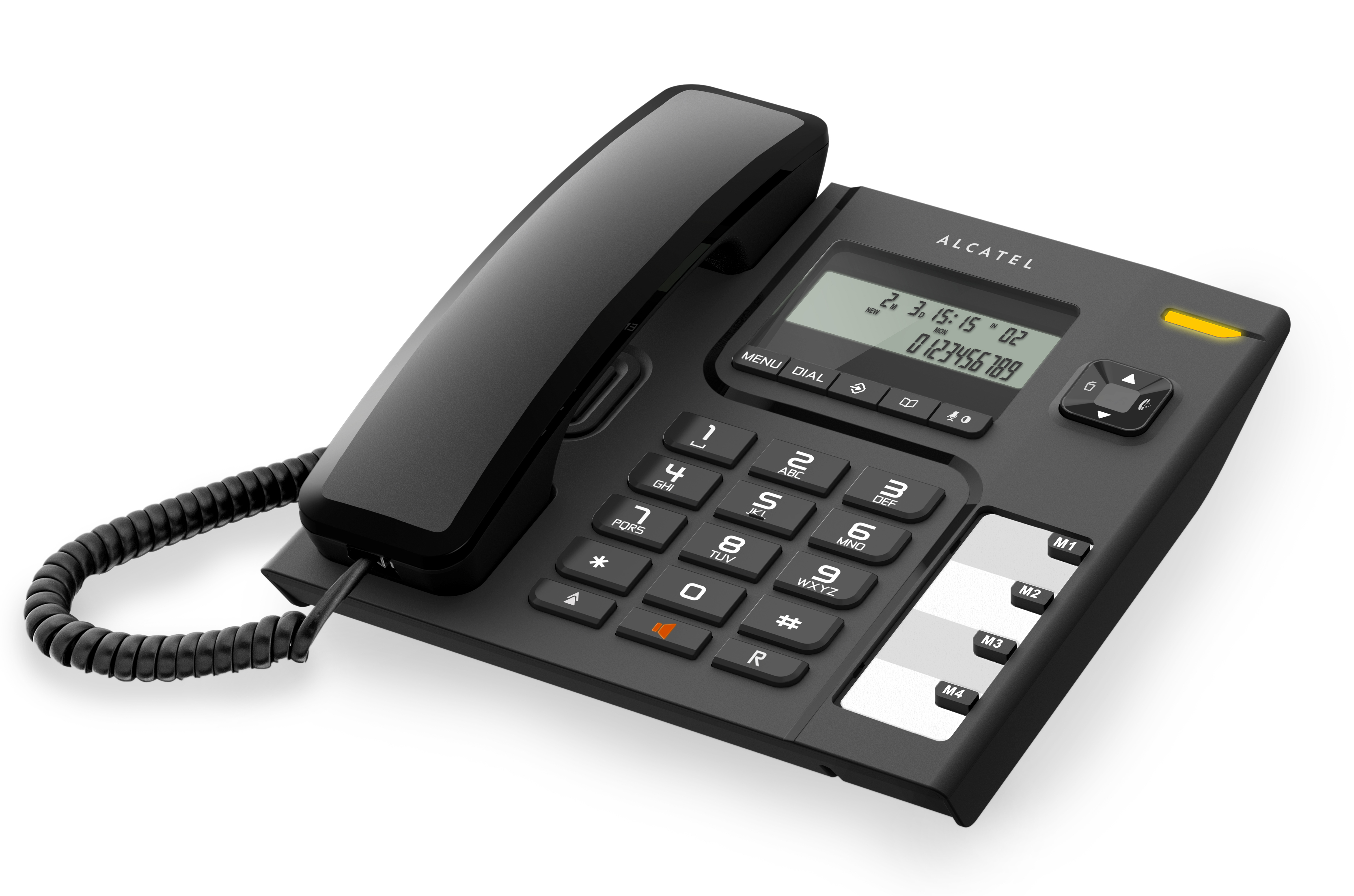 Czarny telefon stacjonarny Alcatel na białym tle.