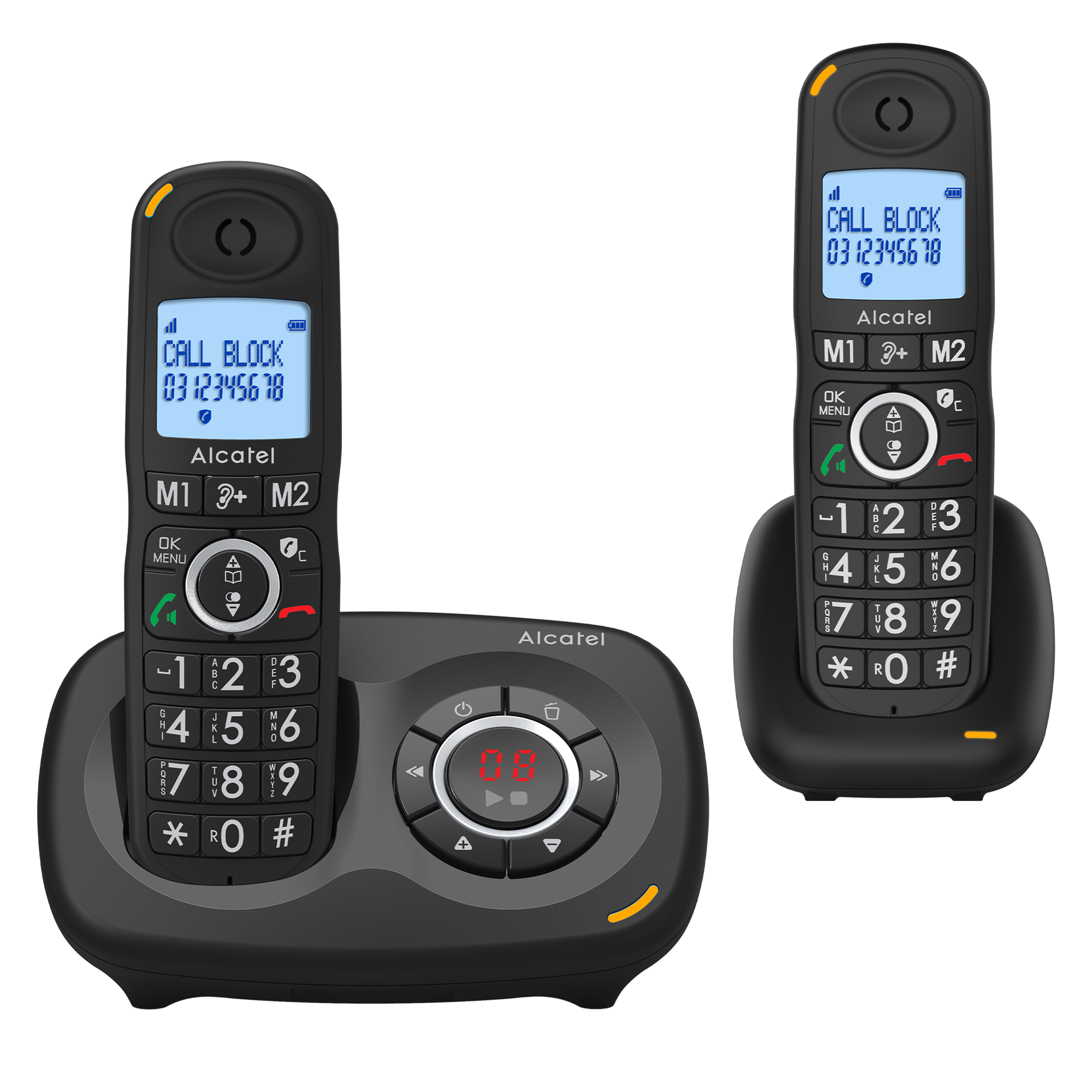 Due telefoni Alcatel neri su una base. Uno mostra 'Call Block' e un numero sullo schermo.