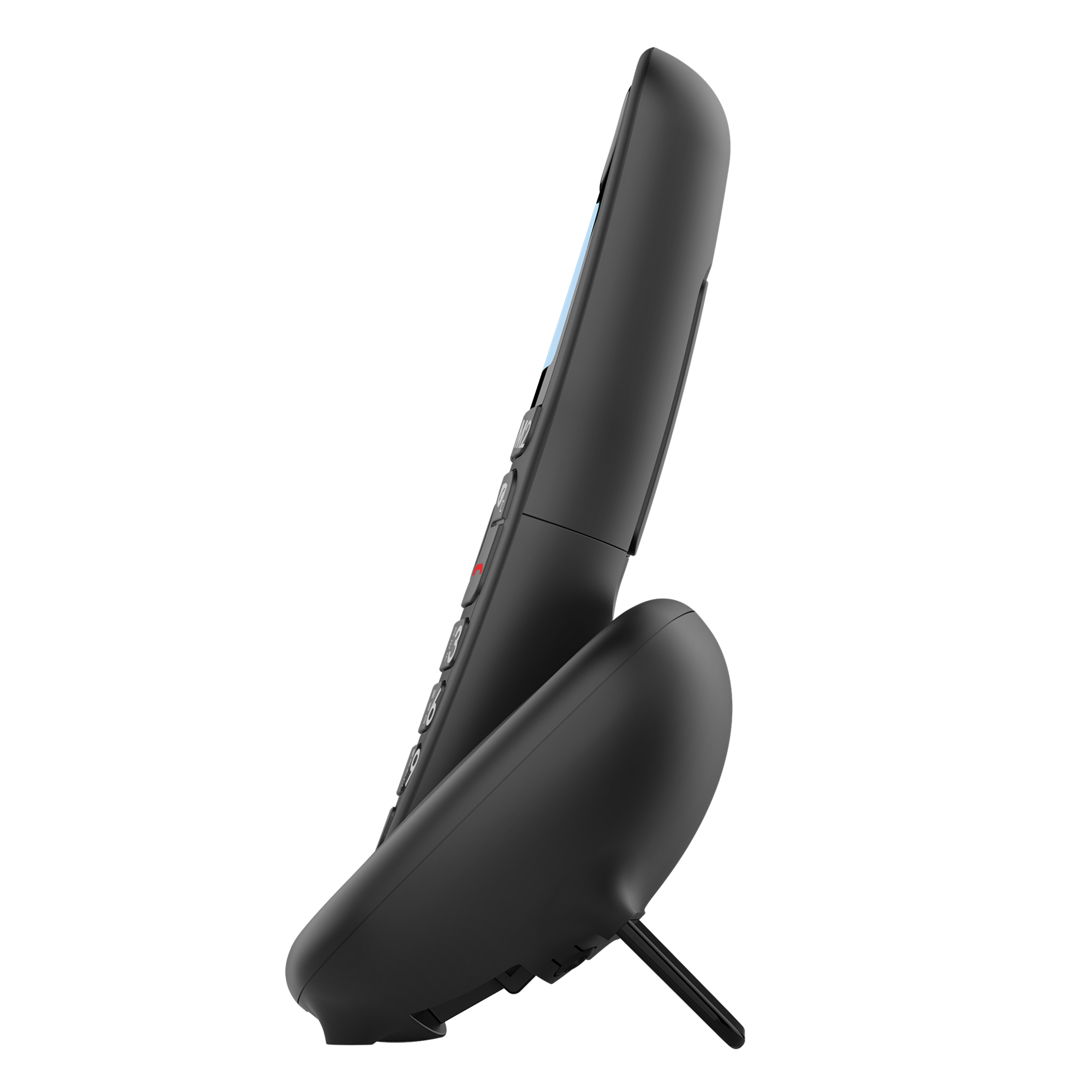 Telefono nero, vista laterale, con schermo e tasti. È su un supporto.