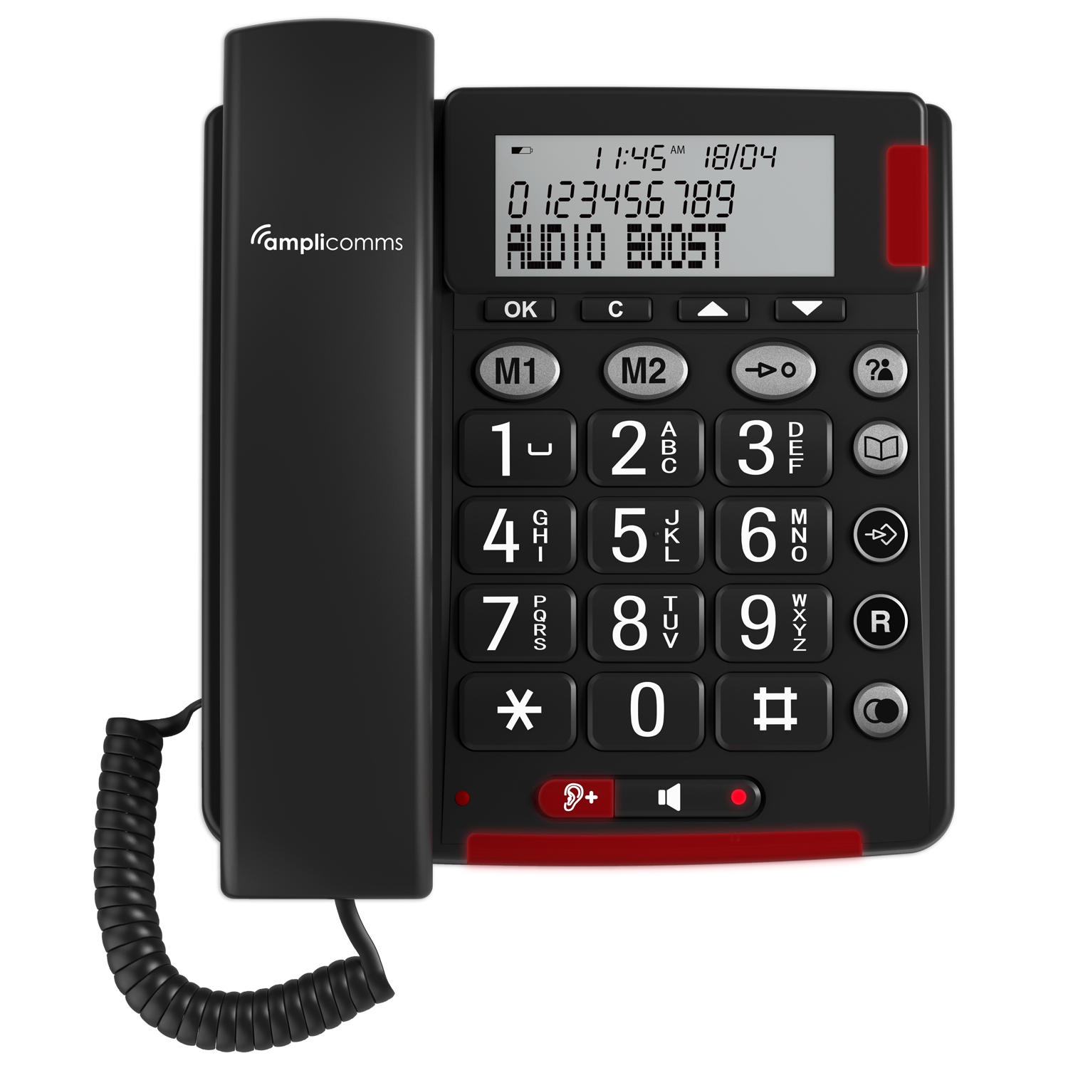 Téléphone amplificomms noir avec grands boutons et écran. Affiche l'heure et un numéro de téléphone.
