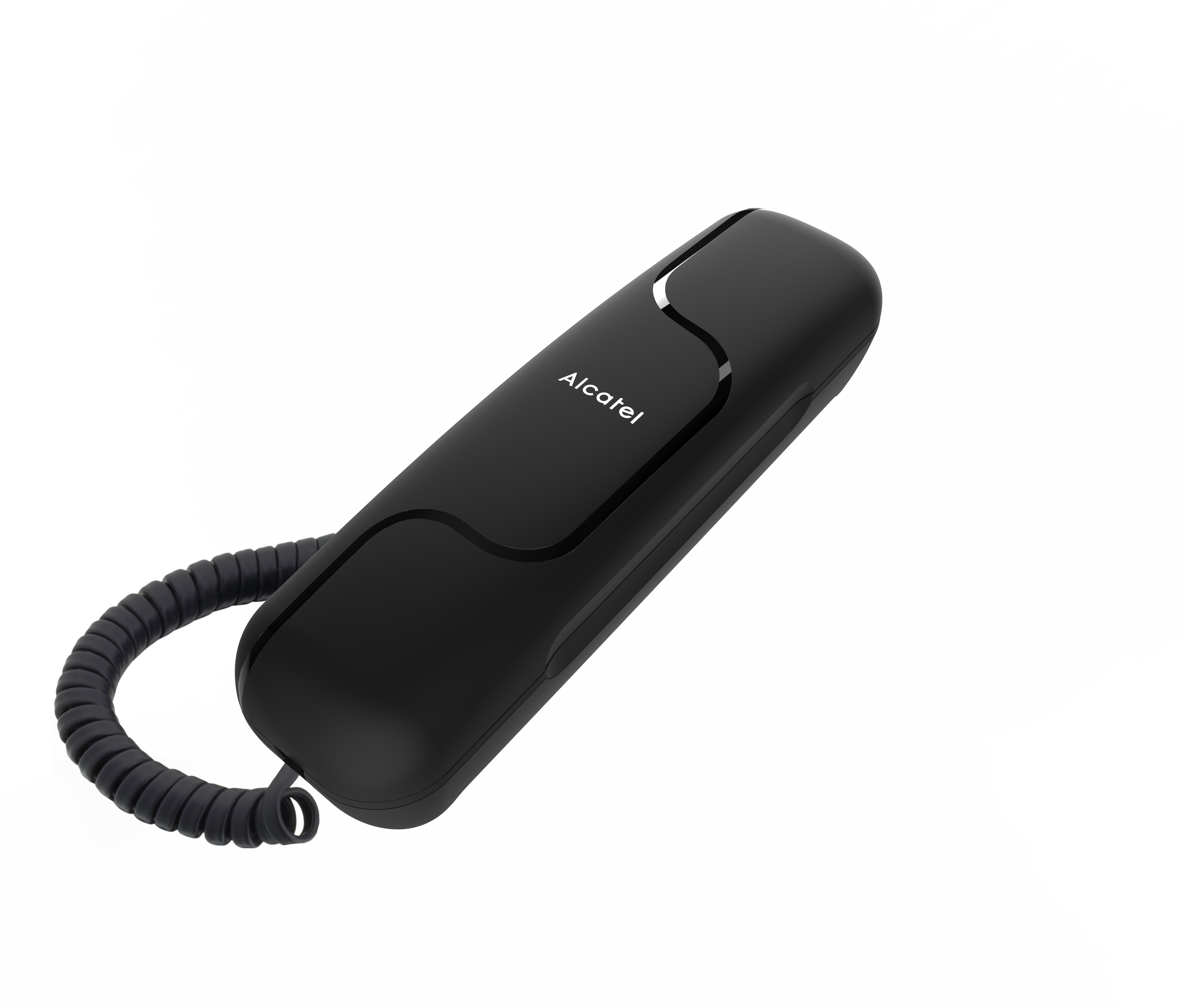 Czarny telefon stacjonarny Alcatel ze spiralnym kablem, na białym tle.