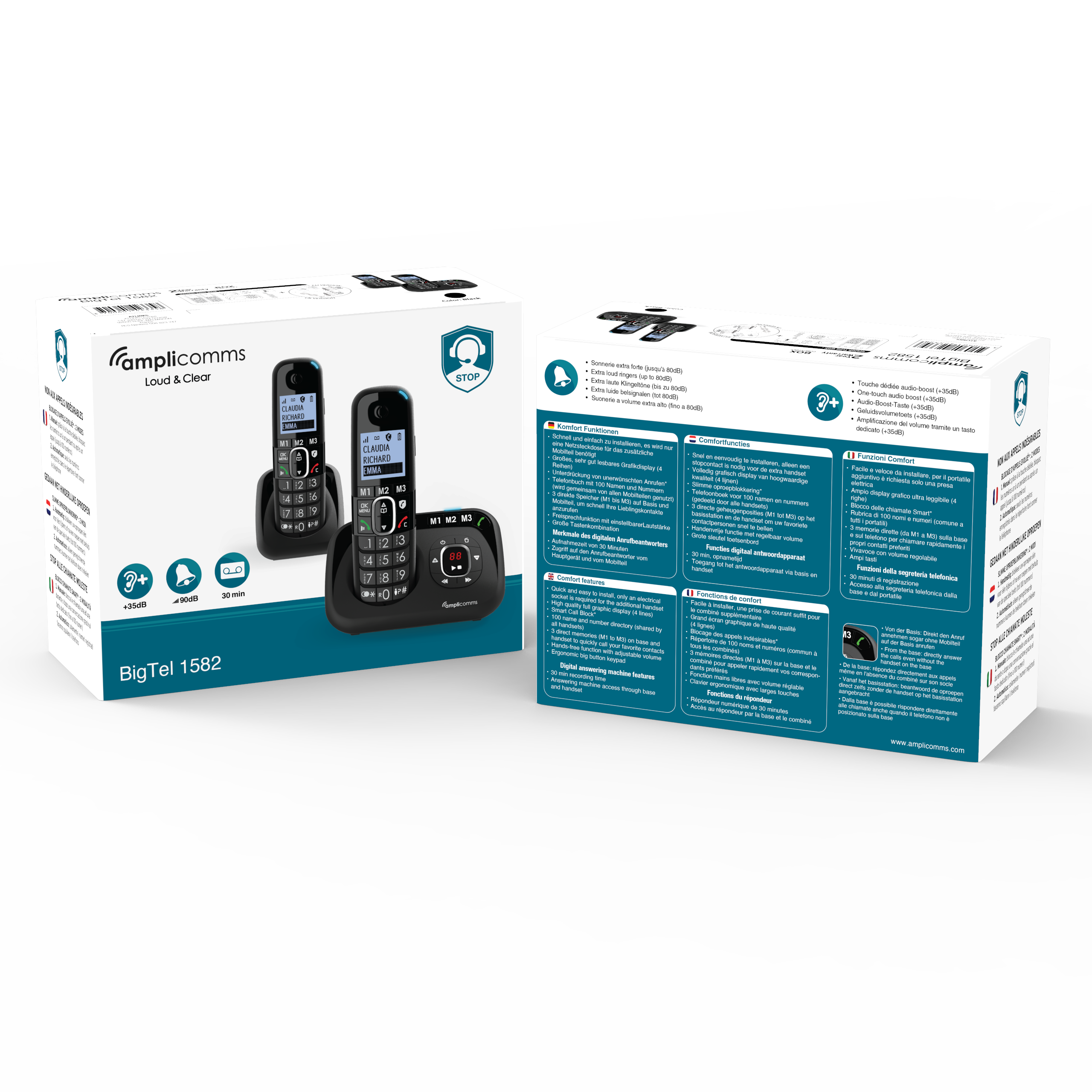 Zwei Kartons mit Amplificomms-Telefonen, einer zeigt Telefone, der andere Text in mehreren Sprachen.
