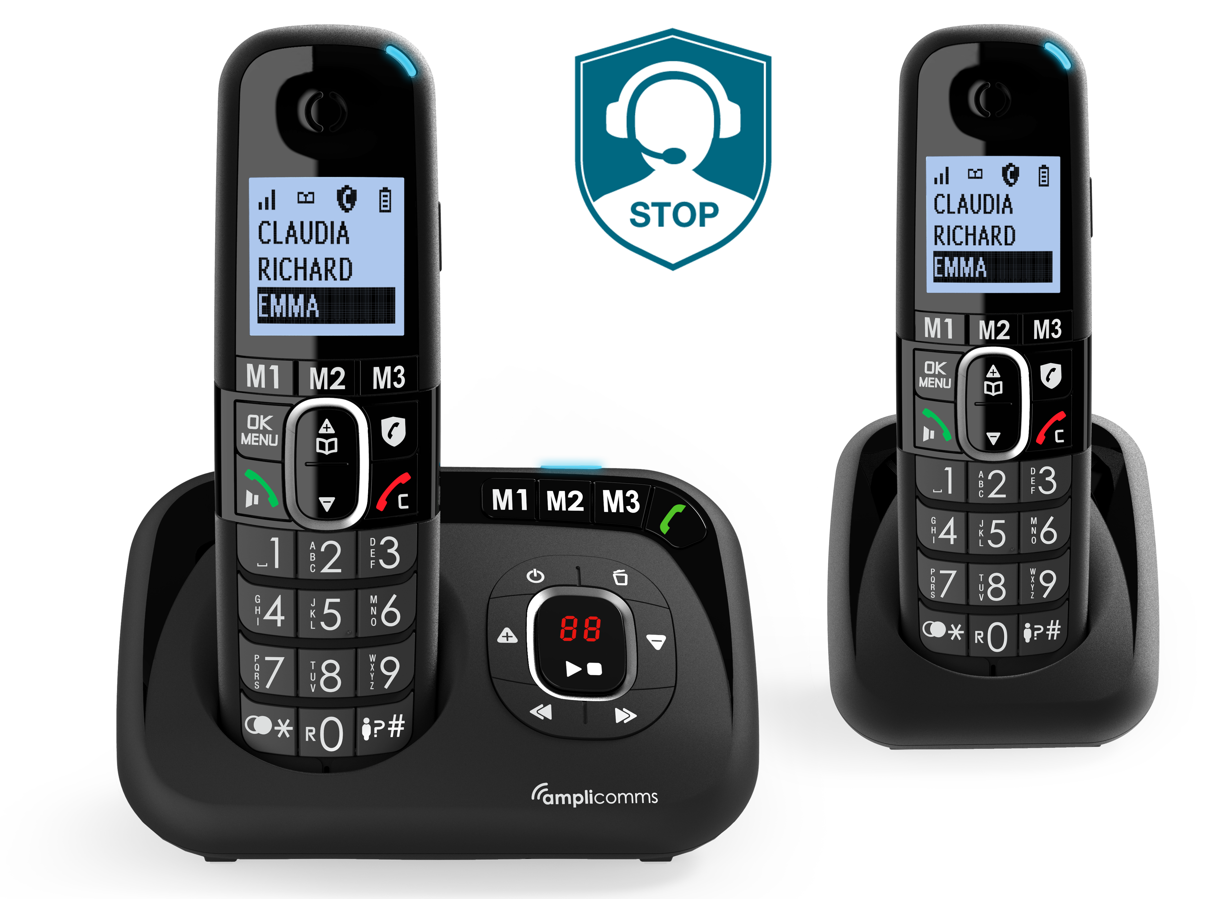 Zwei schnurlose Telefone auf einem Ladegerät mit weißem Hintergrund.