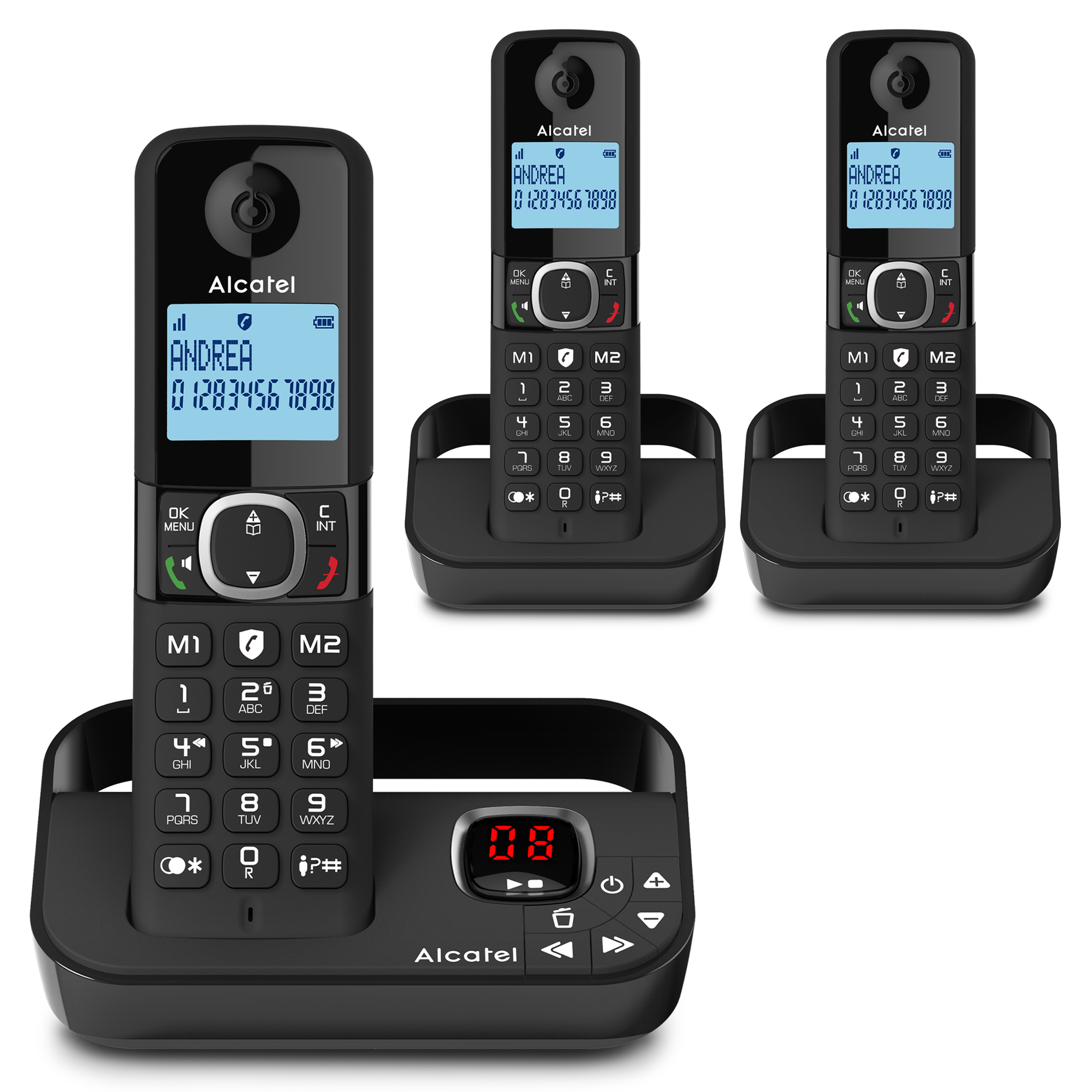 Drie zwarte draadloze telefoons, één met een basisstation met display en knoppen.