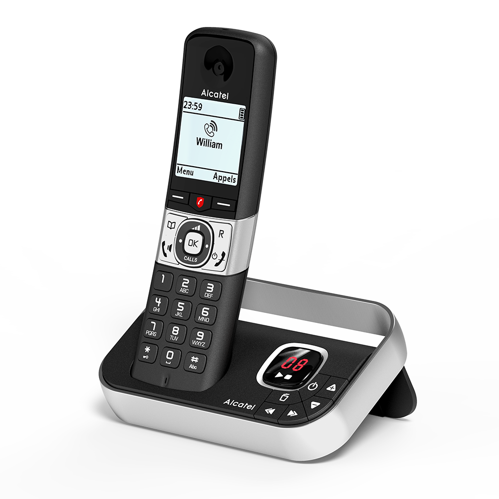 Teléfono Alcatel negro en base. Pantalla muestra 'William' e icono de teléfono. Base con pantalla.