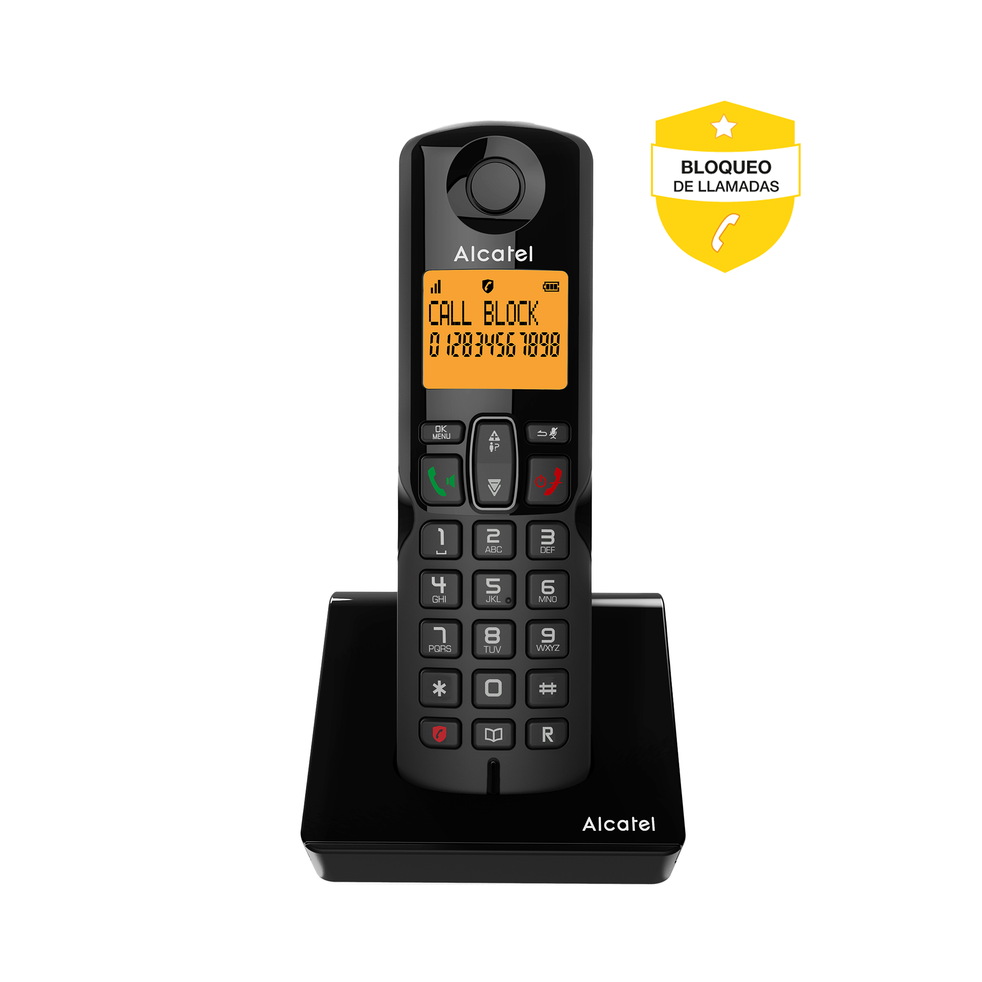 Black Alcatel cordless phone with a screen displaying 'CALL BLOCK' and a dial pad.
